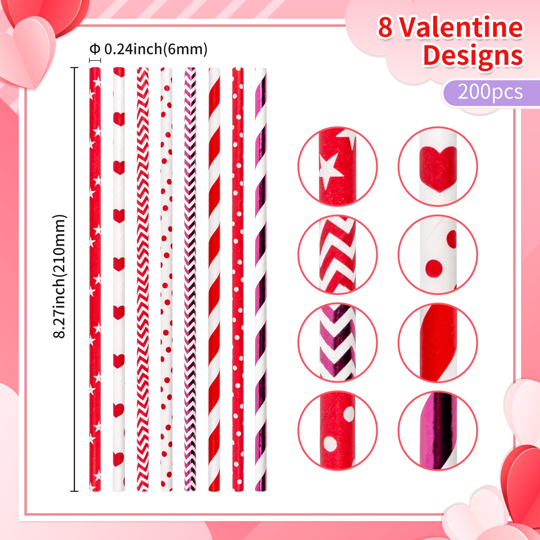 [200 Pack] Paktalk Valentine Paper Straws, 8 Assorted Red White Paper Straws With Strips Dots Waves Stars Metallic Rose Gold Pap