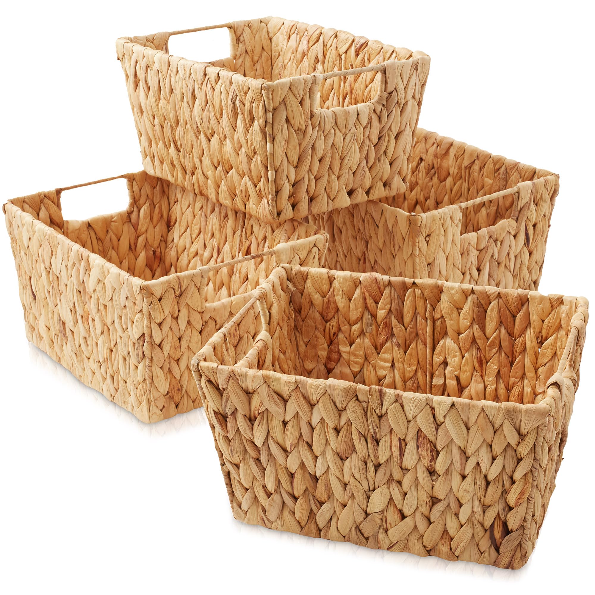 Casafield Set Of 4 Water Hyacinth Storage Baskets With Handles - Natural, Woven Rectangular Storage Bins For Shelves, Blankets,