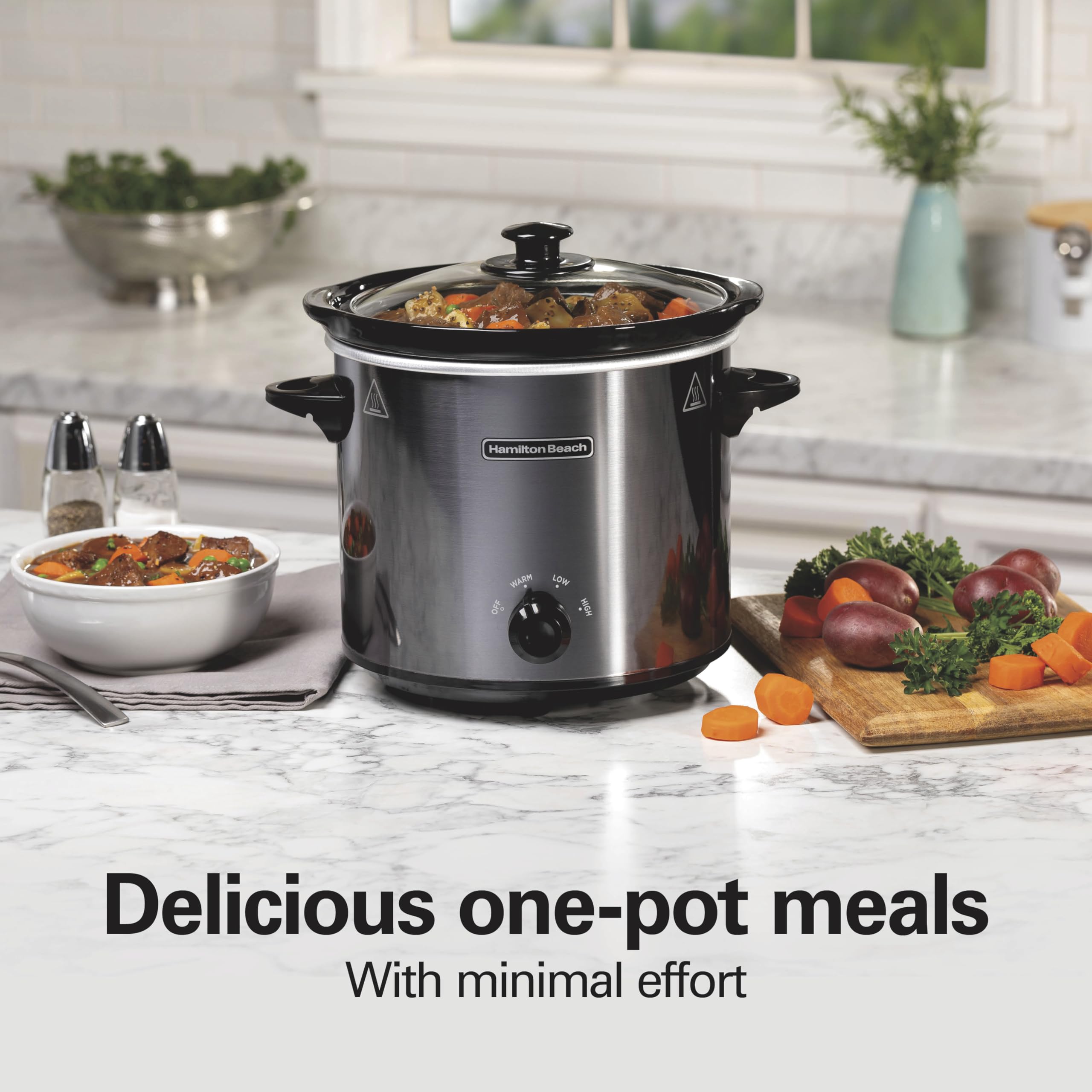 Hamilton Beach 4-Quart Slow Cooker, Brushed Gray, Stoneware Crock, Model 33240, 3 Cooking Settings, Dishwasher-Safe Glass Lid
