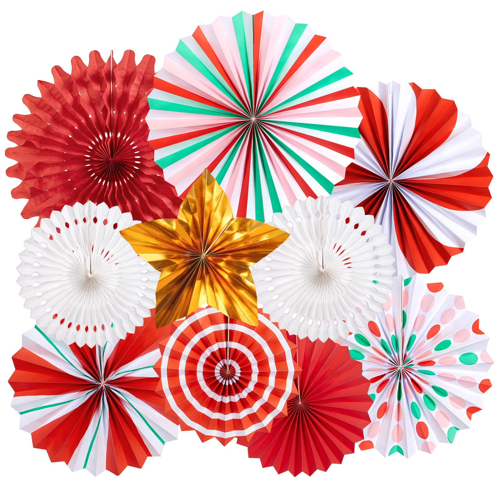 OBBOLO Christmas Paper Fans, Christmas Paper Decorations, Hanging Xmas Decor in Gold, Red, White and Peppermint Candy Theme Hone