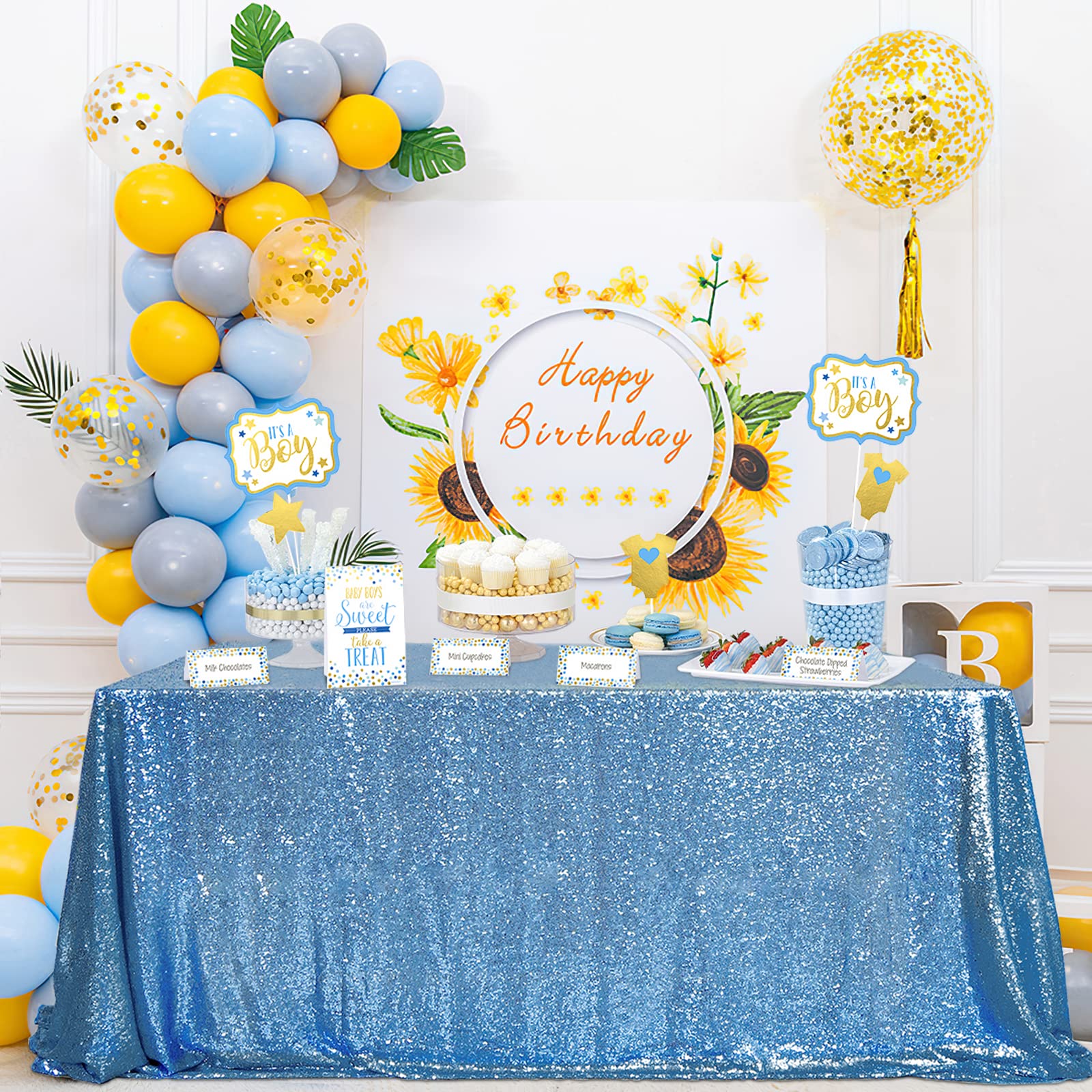 Queendream Baby Blue Sequin Tablecloth 90X156 Inch Glitter Table Cloth For Baby Shower Birthday Party Decorations