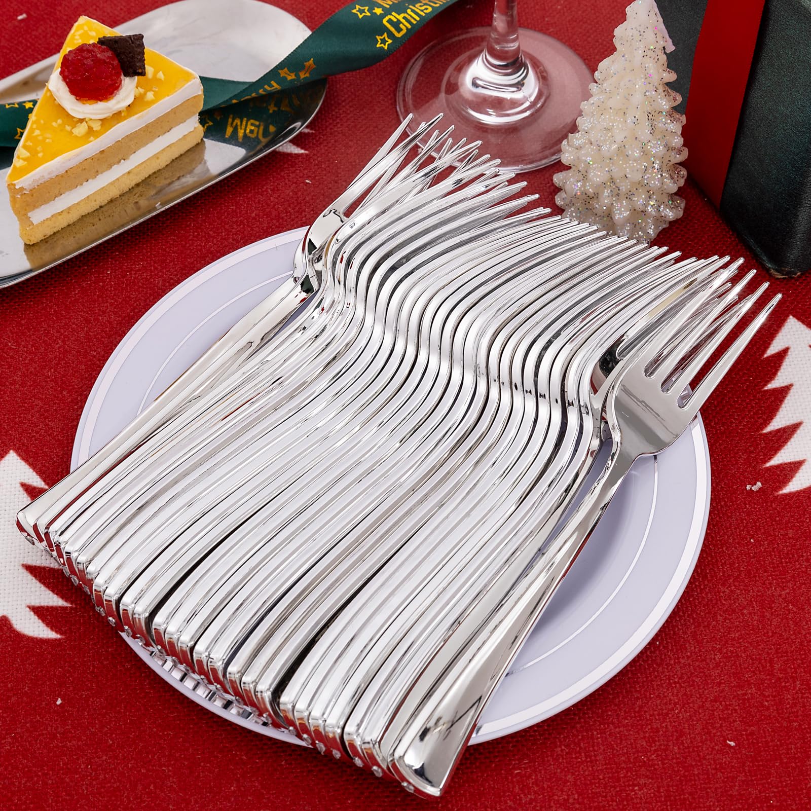 Liacere 200 Pack Silver Plastic Forks - 7.4 Inch Heavy Duty Plastic Forks - Heavyweight Silver Disposable Forks - Silver Plastic