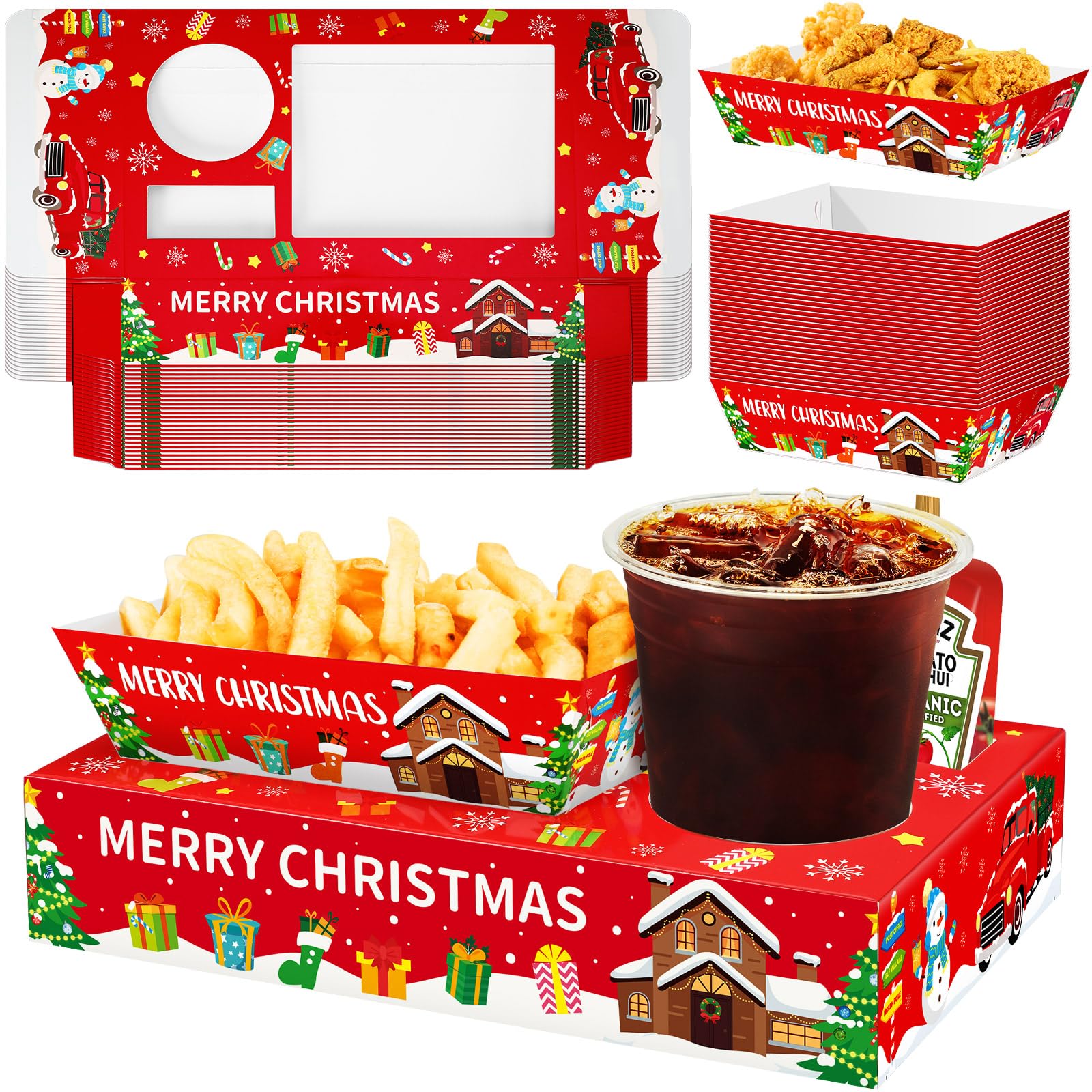 Jansun 36Pcs Christmas Movie Night Snack Trays Candy Popcorn French Fries Snack Trays Christmas Movie Boxes for Snacks Tray Xmas