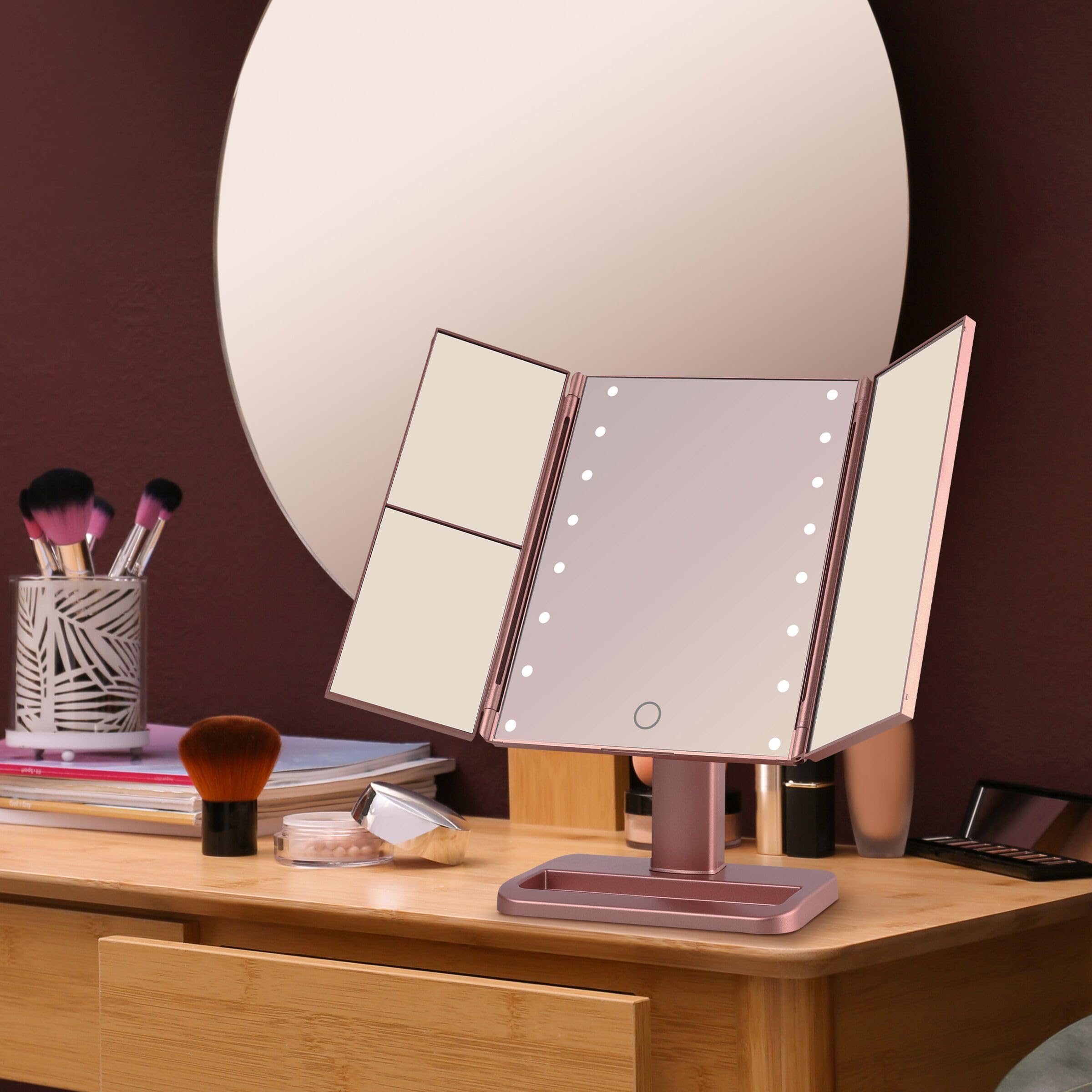 Melannco 7.09X4.69X11.61 Inch Rose Gold Tri Fold Led Vanity Mirror, 3 Magnifications And Dimmable Led Lights