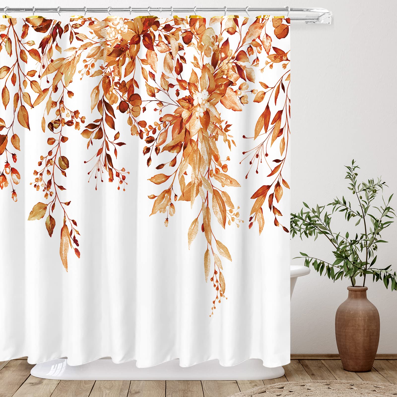 Tititex Orange Eucalyptus Shower Curtain Sets, Watercolor Bright Leaves On The Top Plant With Floral Bathroom Decoration 72X78 I