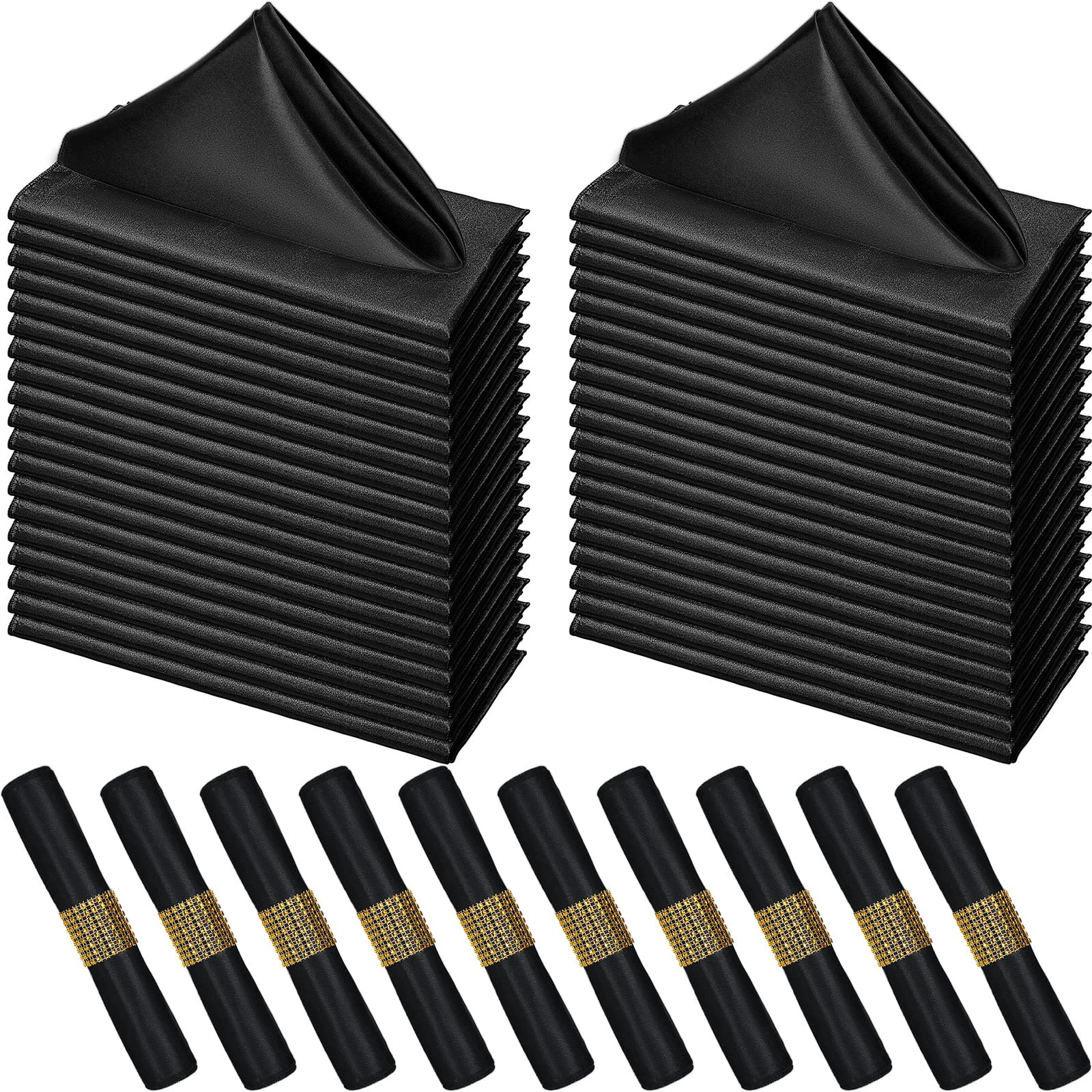 100 Pack Satin Black Napkins With Gold Rings 17 X 17 Inch Black Cloth Napkins Bulk Washable Soft Reusable Dinner Supplies For Va