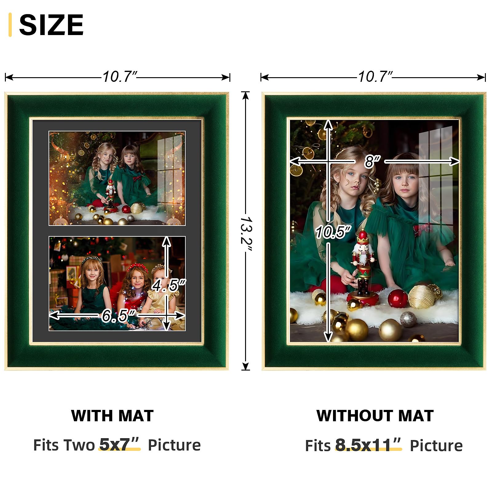 KSROECUD 8.5x11 Velvet Picture Frame with 2 Opening 5x7 Picture, HD Real Glass Green Velvet Photo Frame with Black White Border
