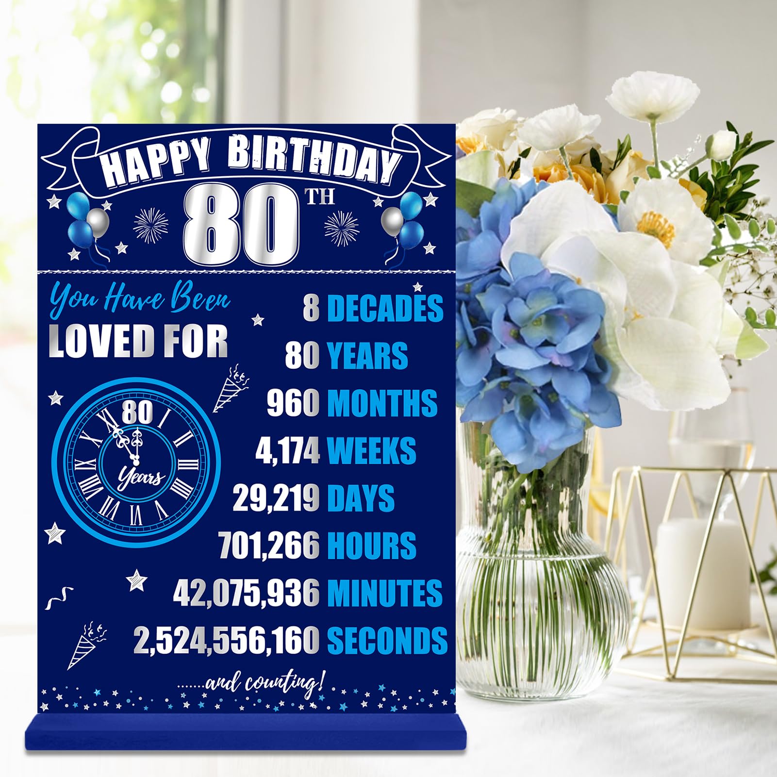80th Birthday Decorations Back in 1945 Table Sign for Men, Blue Silver 80 Birthday Two-Sided Wooden Table Poster with Stand Part