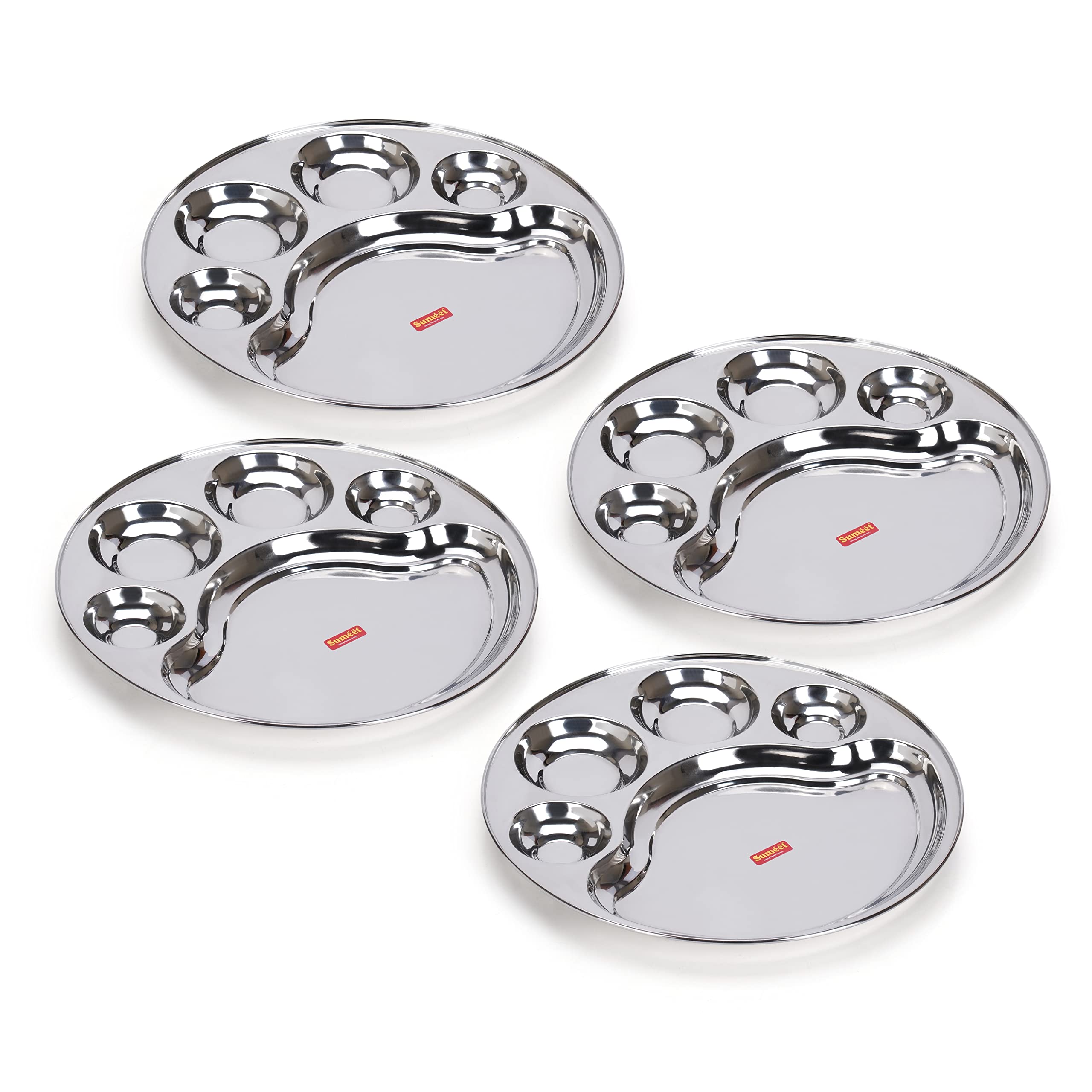 Sumeet Stainless Steel Round 5-in-1 Compartment Lunch Dinner Plate Thali Set | 4 Pieces - 31 cm | Durable  Ideal for Serving  Lunch and Dinner | Kitchenware for Home  Family Use  Bhojan Thali