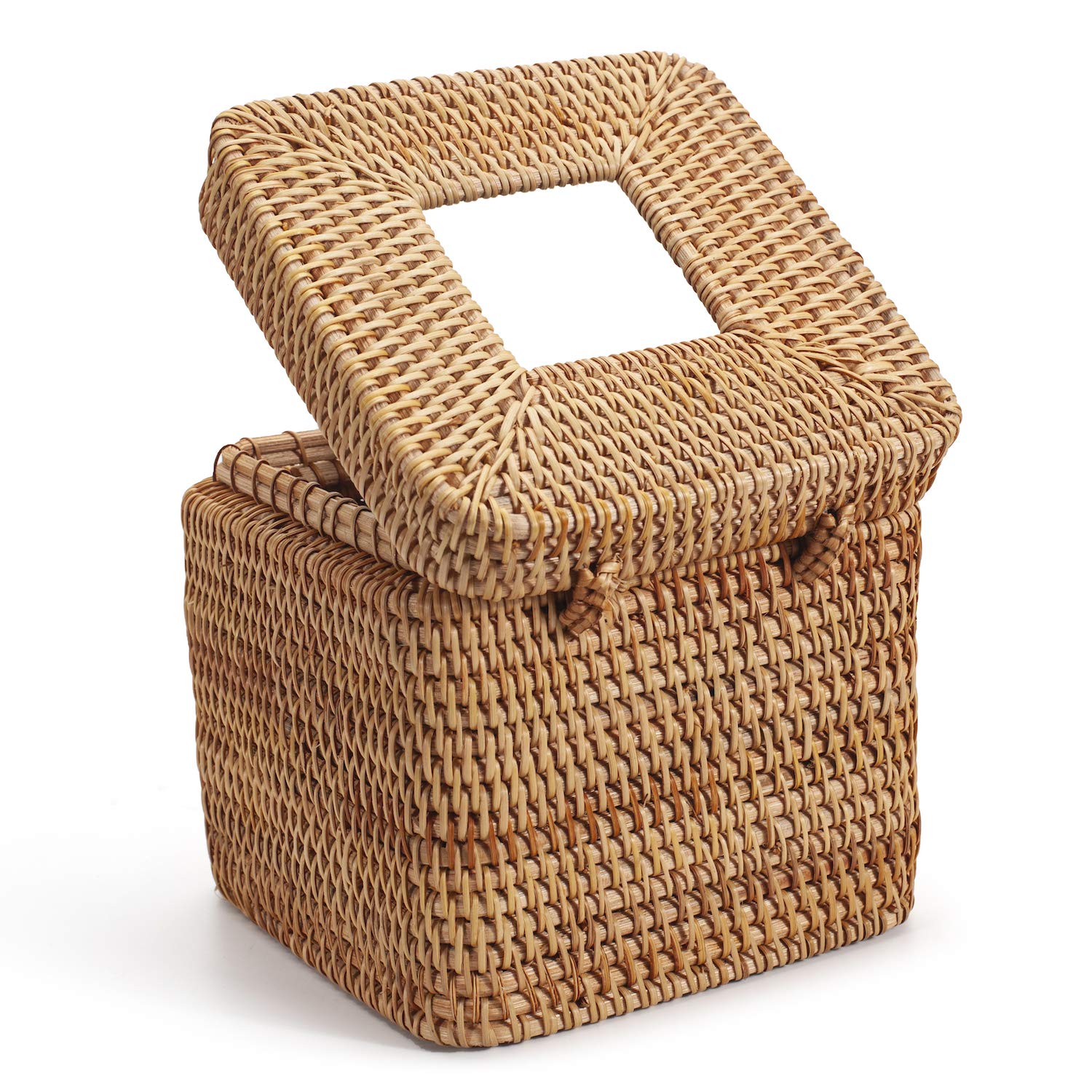 Rattan Square Tissue Box Cover, 5.7'' X 5.7'' X 5'', Decorative Woven Facial Tissue Holder With Hinged Top Lid, Natural Color