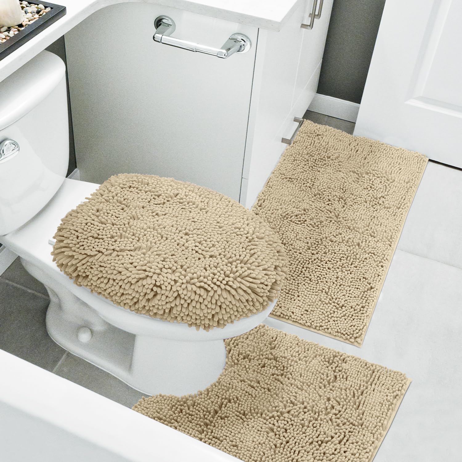 Homeideas 3 Pieces Beige Bathroom Rugs Set, Ultra Soft Non Slip Bath Rug And Absorbent Chenille Bath Mat, Includes U-Shaped Cont