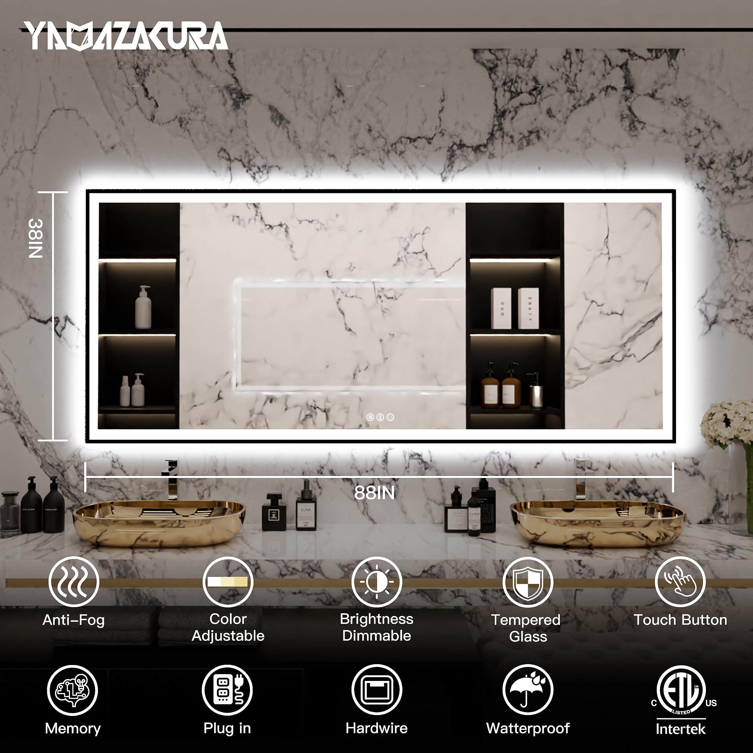 Yamazakura Large Light Bathroom Mirror 88X38 Backlit And Front Lighted Led Wall-Mounted Vanity Mirror Modern Rectangle Black Mir