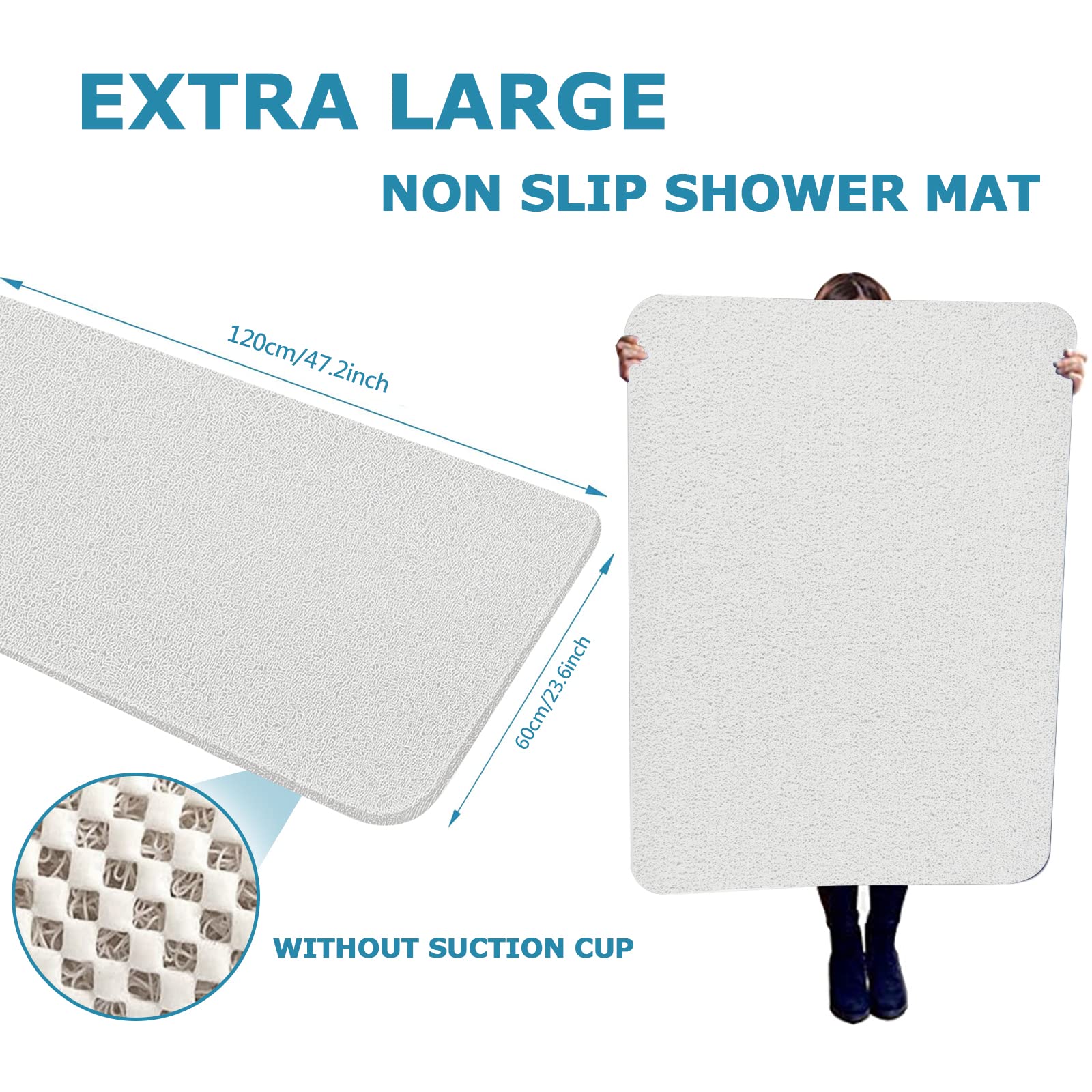 Extra Large Shower Mats Non Slip, 23.6  47.2 Inch, Bath Mat For Shower, Loofah Mats For Shower And Bathroom, Quick Drying, White
