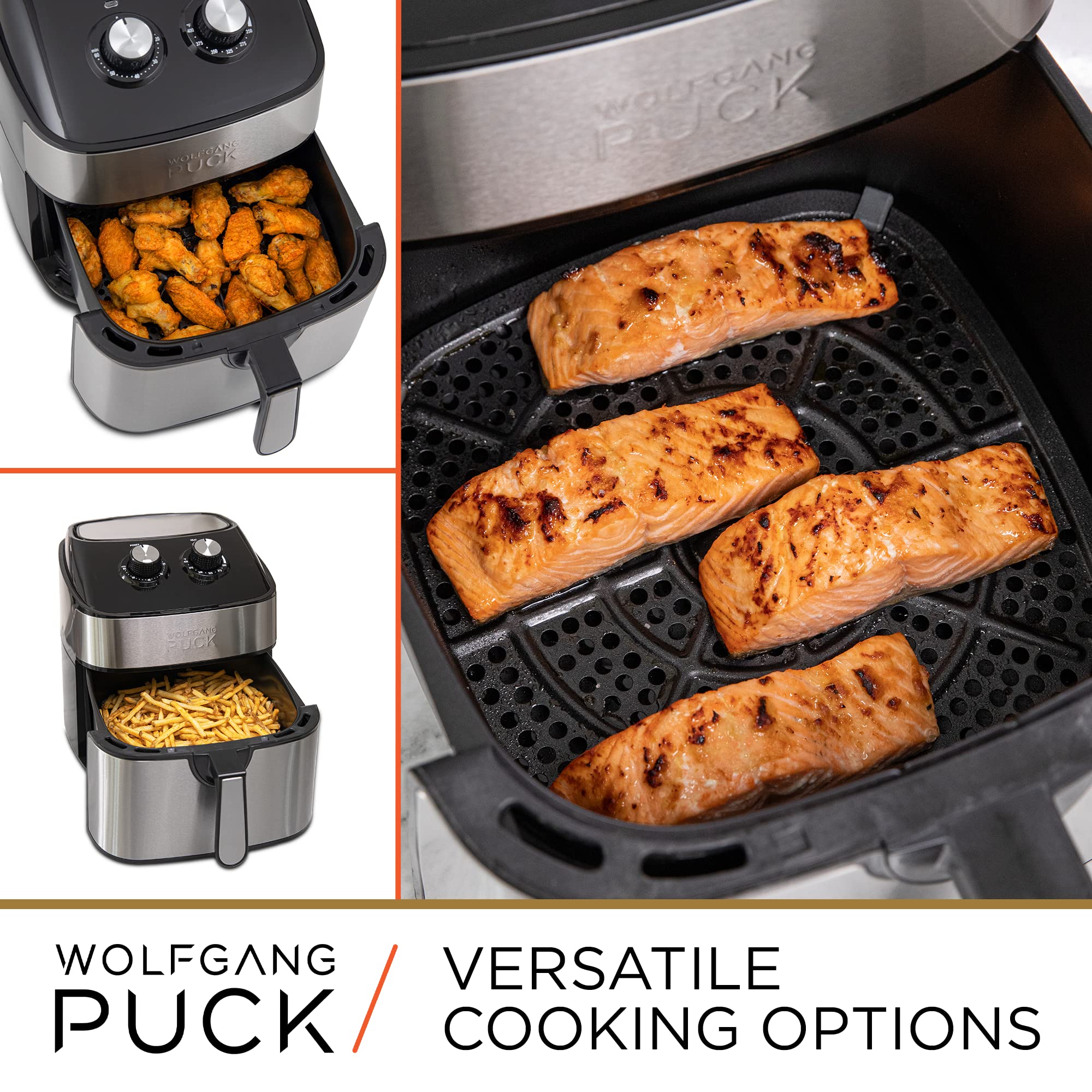 Wolfgang Puck 9.7Qt Stainless Steel Air Fryer, Large Single Basket Design, Simple Dial Controls, Nonstick Interior, Includes Coo