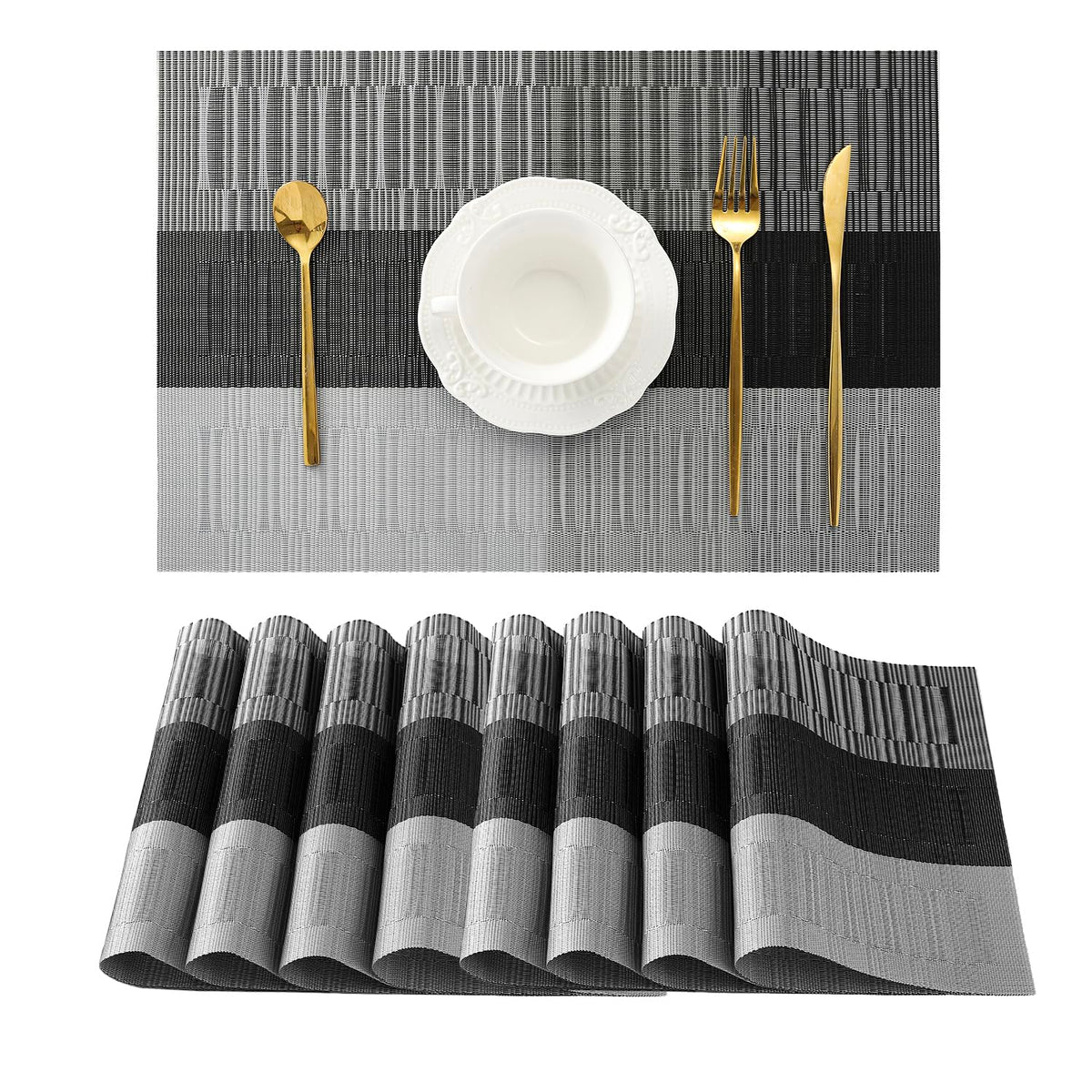 Leetaltree Grey With White Striped Placemats Set Of 8 - Heat Resistant Non-Slip Place Mats For Dining Table, Washable Durable Pv