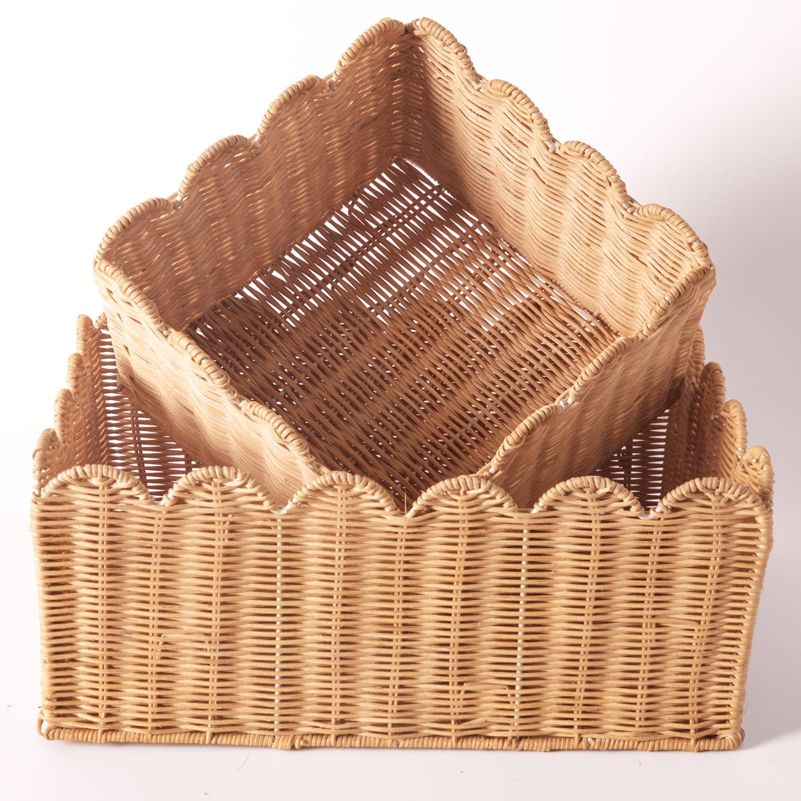 Scalloped Edge Basket, Wicker Storage Baskets, Hand Woven Baskets For Shelves,Natural Baskets For Organizing (S+M-Rattan)