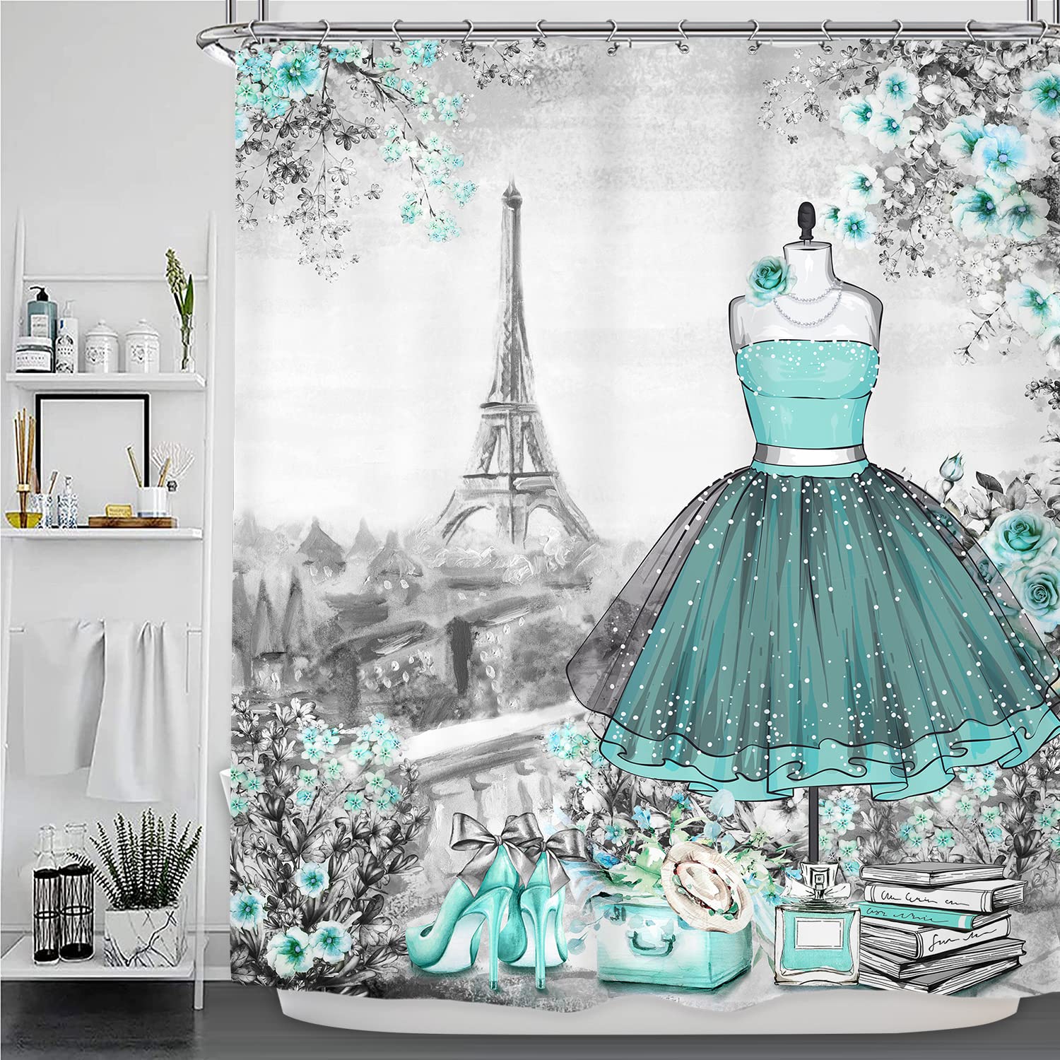 Riyidecor Fashion Girly Dresses Shower Curtain 60Wx72H Inch Teal Blue Turquoise Floral Girl Women Eiffel Tower Perfume High Heel