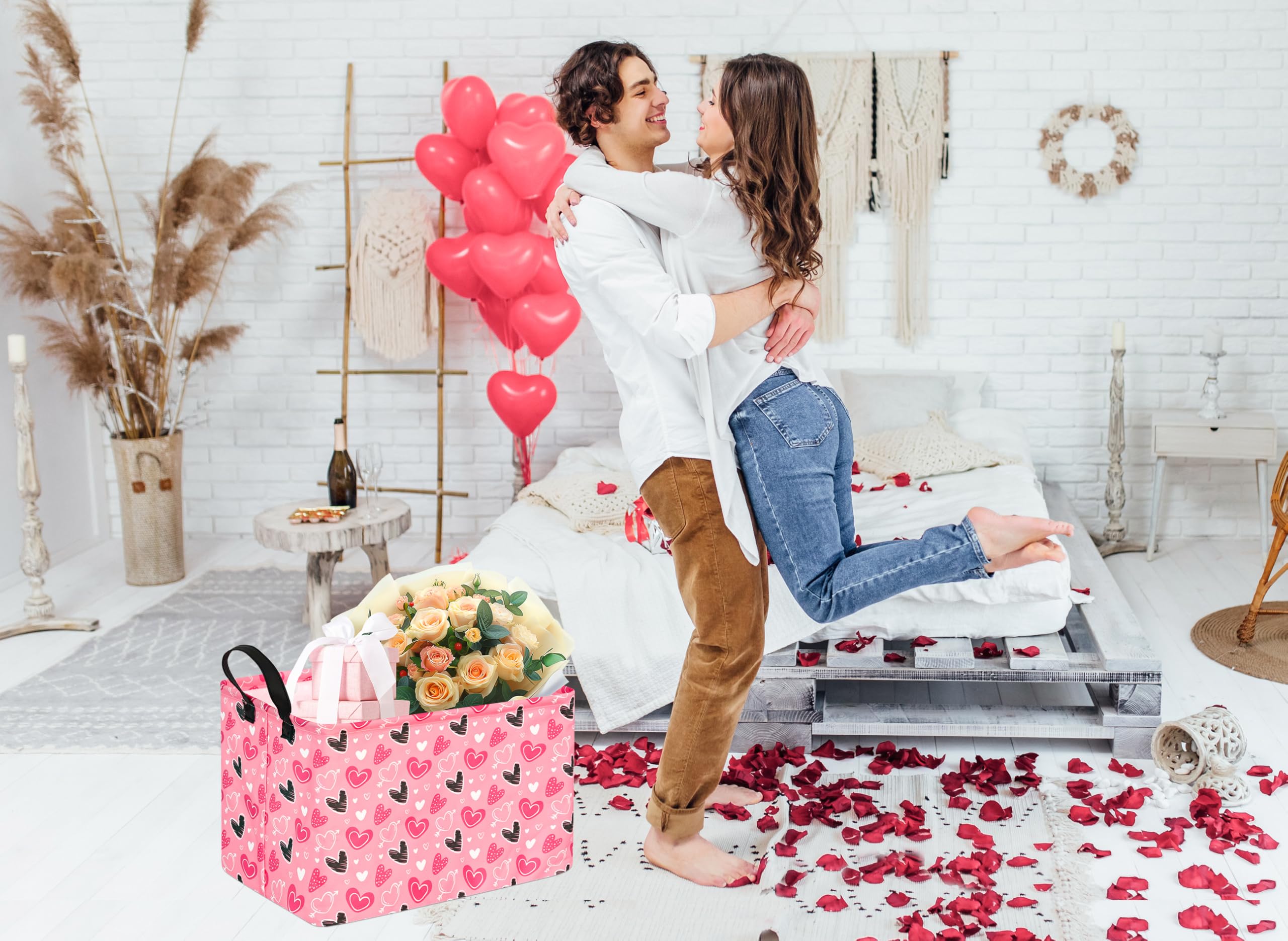 KUNRO Rectang Heart Valentine s Storage Basket Gift Shelf Basket Baby Storage Bin, Kids Toy Basket Organizer Box for With Handle