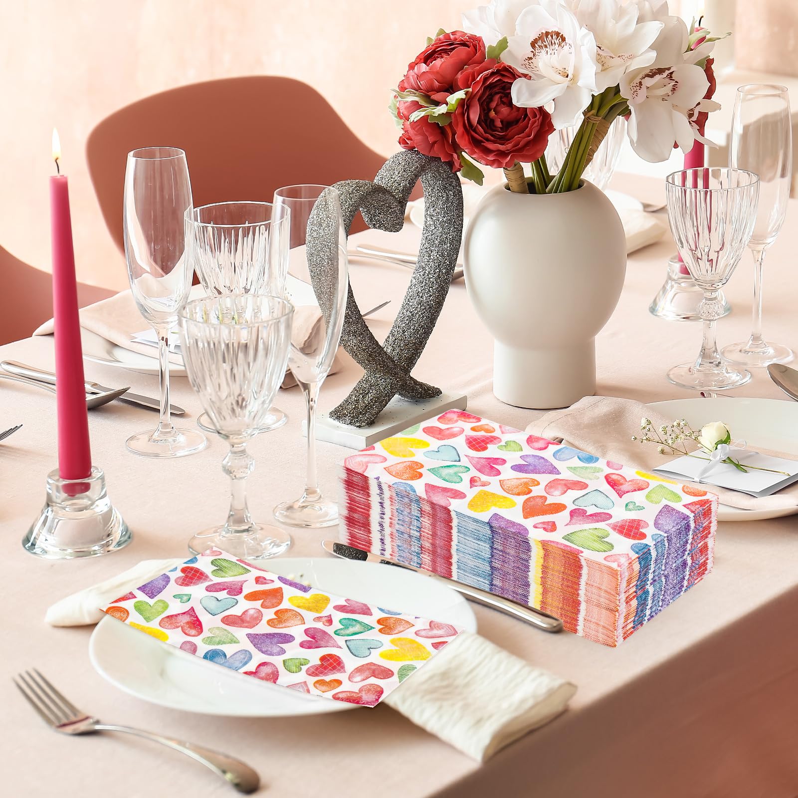 Jarthenaamcs 50Pcs Valentine'S Day Guest Napkins Colorful Love Heart Disposable Napkins Watercolor Dinner Hand Towel Paper Napki
