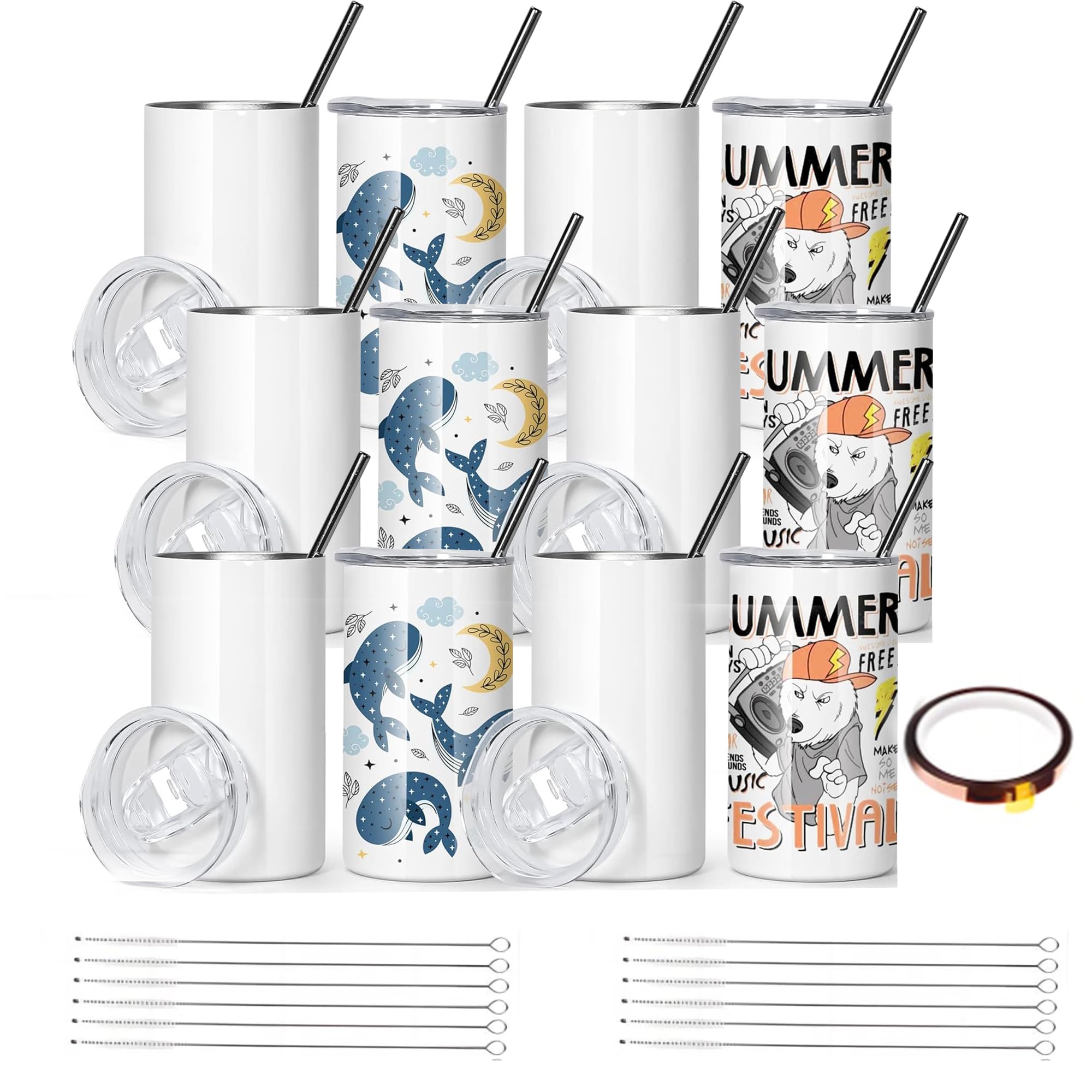AGH 12 oz Sublimation Tumblers Blanks with Lids and Straws Stainless Steel Straight Skinny Tumblers for Kids Double Wall Vacuum 