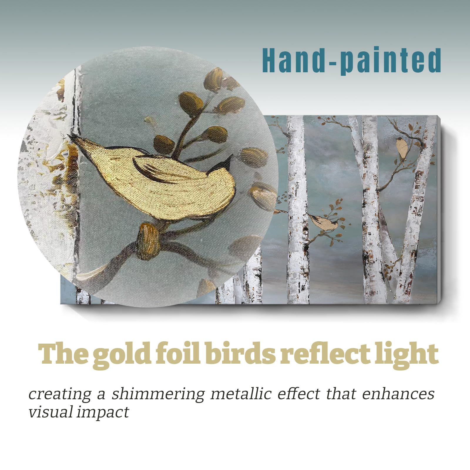 amatop Teal Wall Art 100% Hand-Painted Landscape Forest Oil Painting on Canvas Original Framed Artwork Gold Bird Birch Tree Artwork White Birch at Night for Living Room Bedroom Office Decor 32x16inch