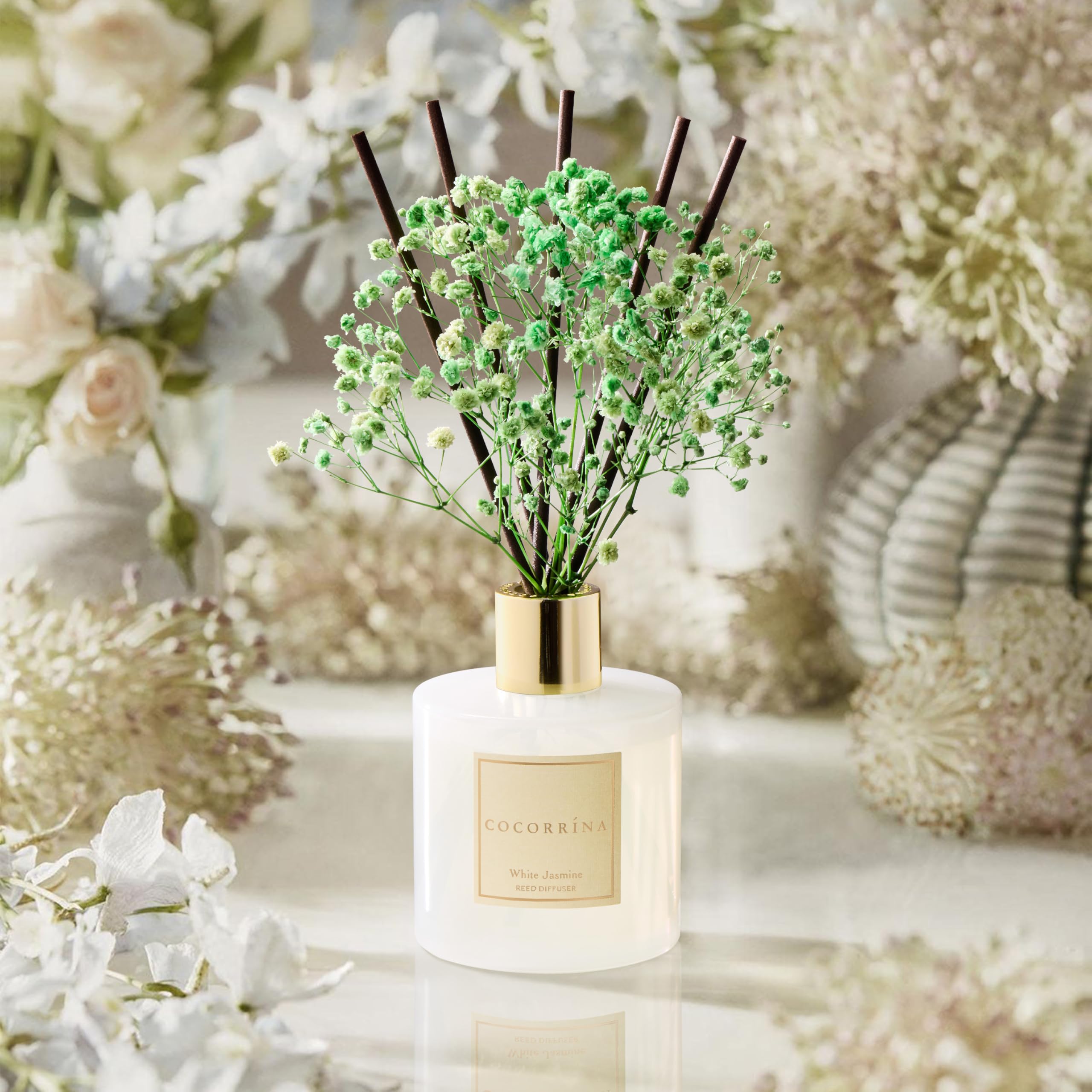 COCORR  NA Reed Diffuser - White Jasmine 6.7 Fl.oz Reed Diffuser Set with Sticks & Preserved Babys Breath, Reed Diffuser for Ho