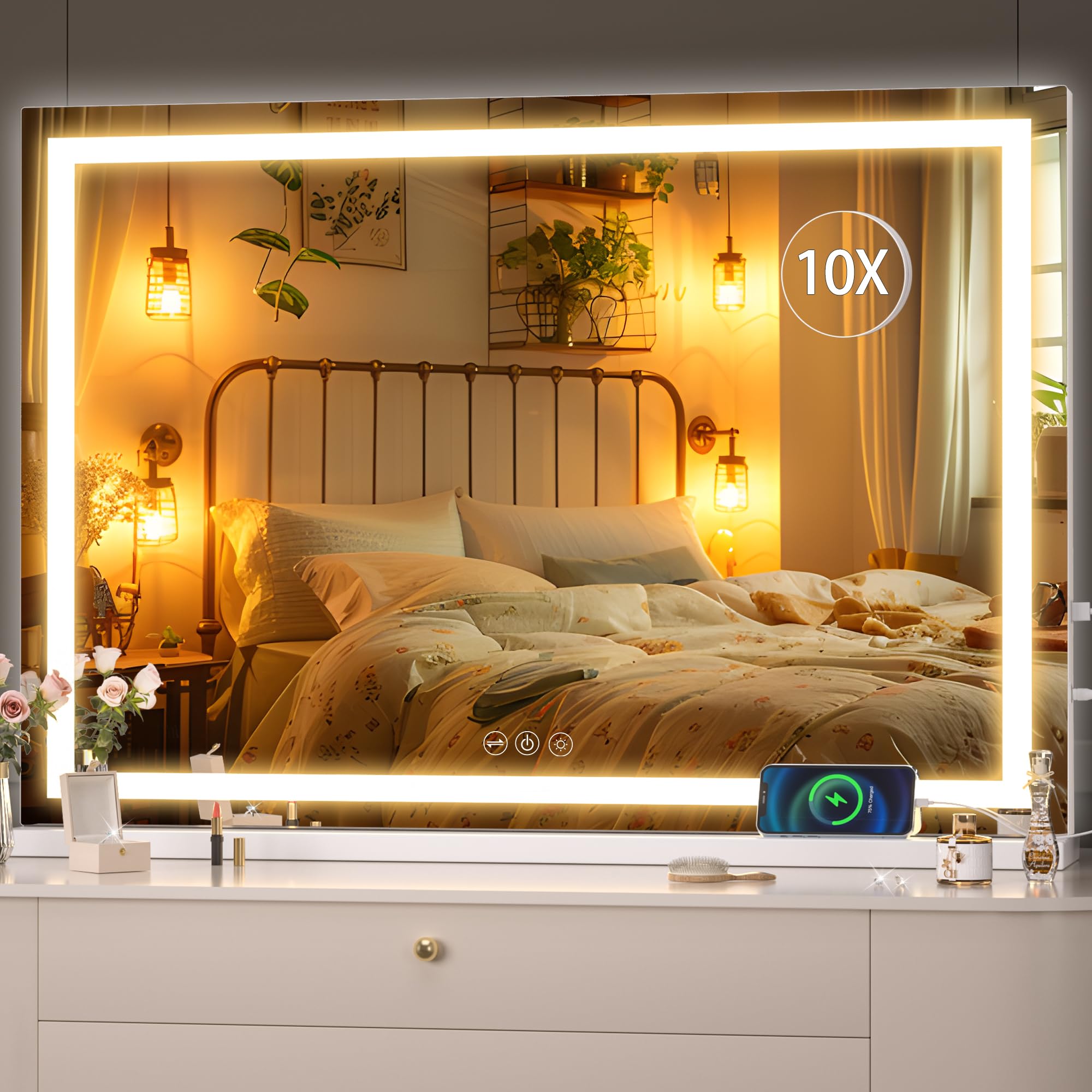 Hasipu Vanity Mirror With Lights, 37'' X 26'' Led Makeup Mirror, Lighted Makeup Mirror With Dimmable 3 Modes, Touch Screen Contr