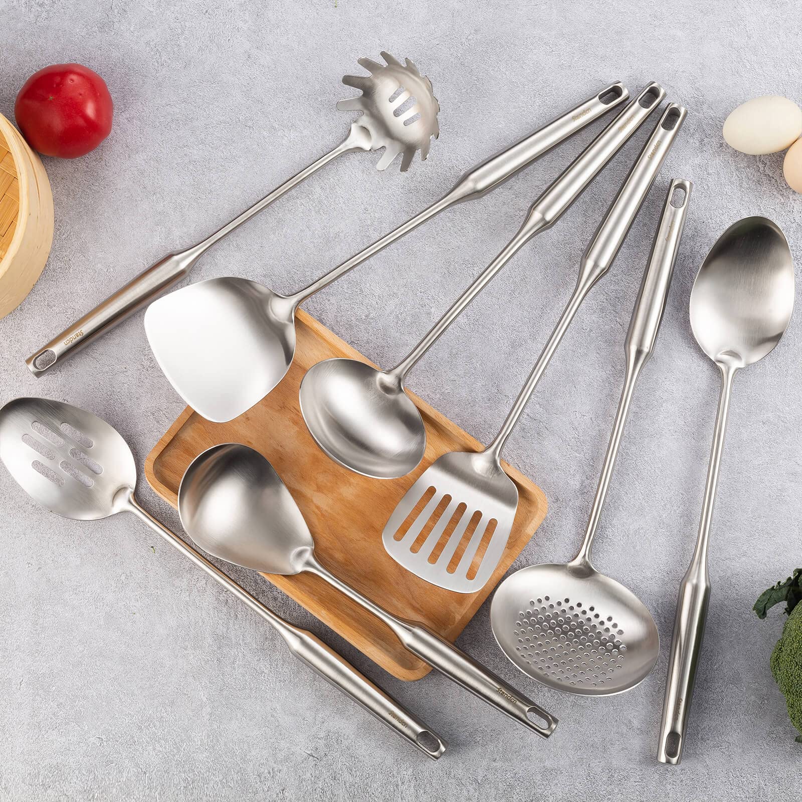 304 Stainless Steel Kitchen Utensils Set - 8 Pcs All Metal Cooking Tools With Spatula, Solid Spoon, Slotted Spoon, Ladle, Skimme