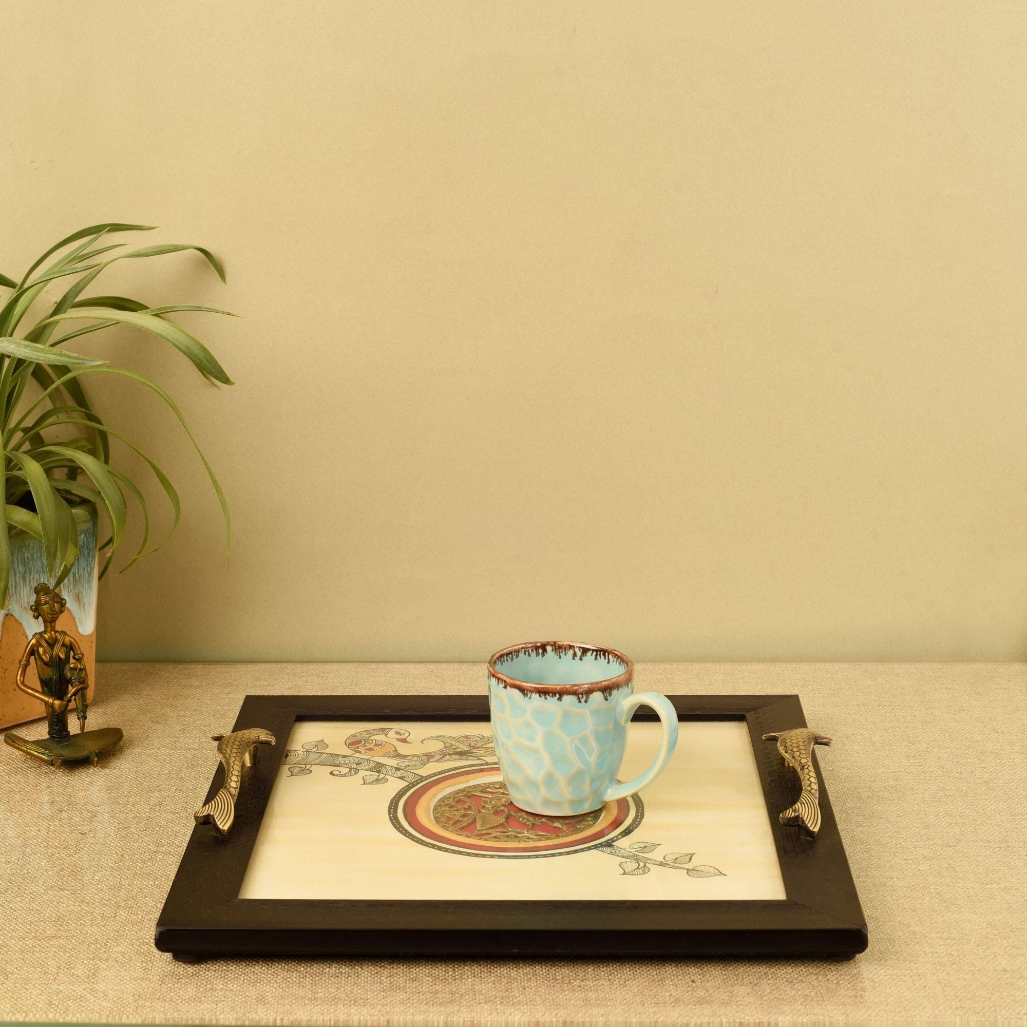 Aakriti Art Creations ArtisanS Harmony Handcrafted Tray, Serving Platter Beige | Madhubani Art With Matte Finish, Handcrafted M