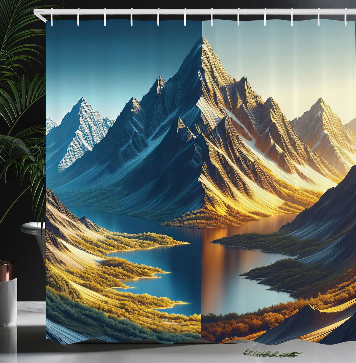 Ambesonne Lake Shower Curtain, Dreamy Art Of Snowy Mountain Panorama With Sunny Shades And Greenery Meadows, Cloth Fabric Bathro