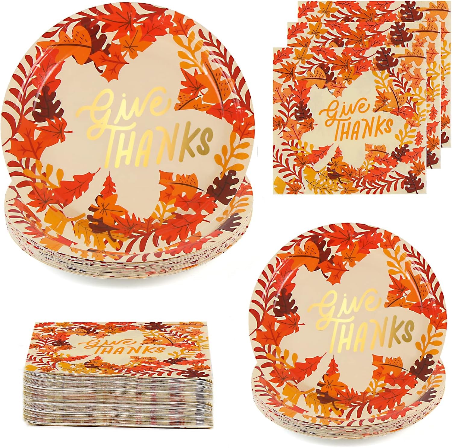 DIYASY 200 Pack Thanksgiving Paper Plates and Napkins, Fall Disposable Plates Dinnerware Heavy Duty Dessert Dinner Plate for 50 