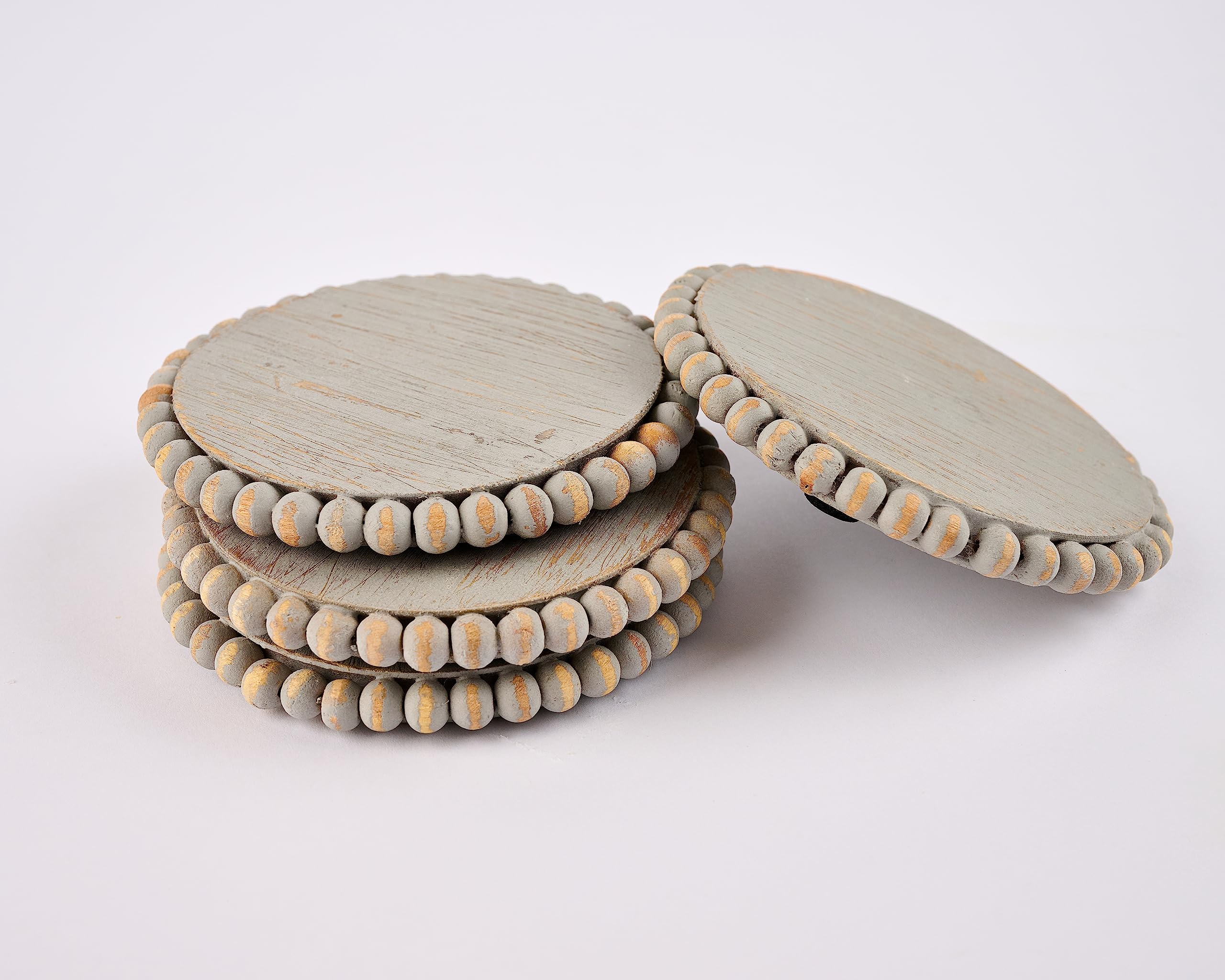 Mud Pie 42500044G Gray Beaded Wood Coaster  4 3/4'' Dia