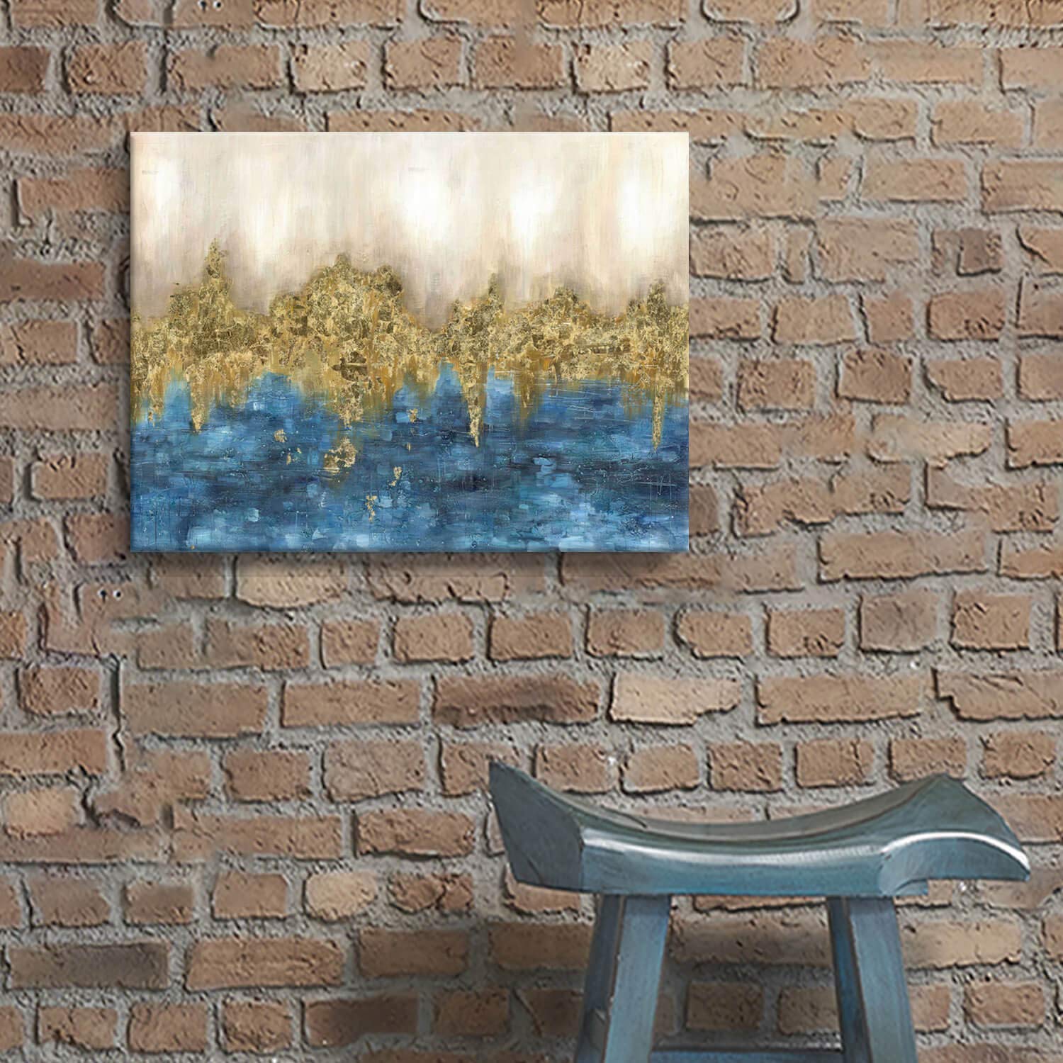 Abstract Print Canvas Wall Art: Blue Gold Artwork Picture Small Size For Bedroom (16    X 12'' X 1 Panel)