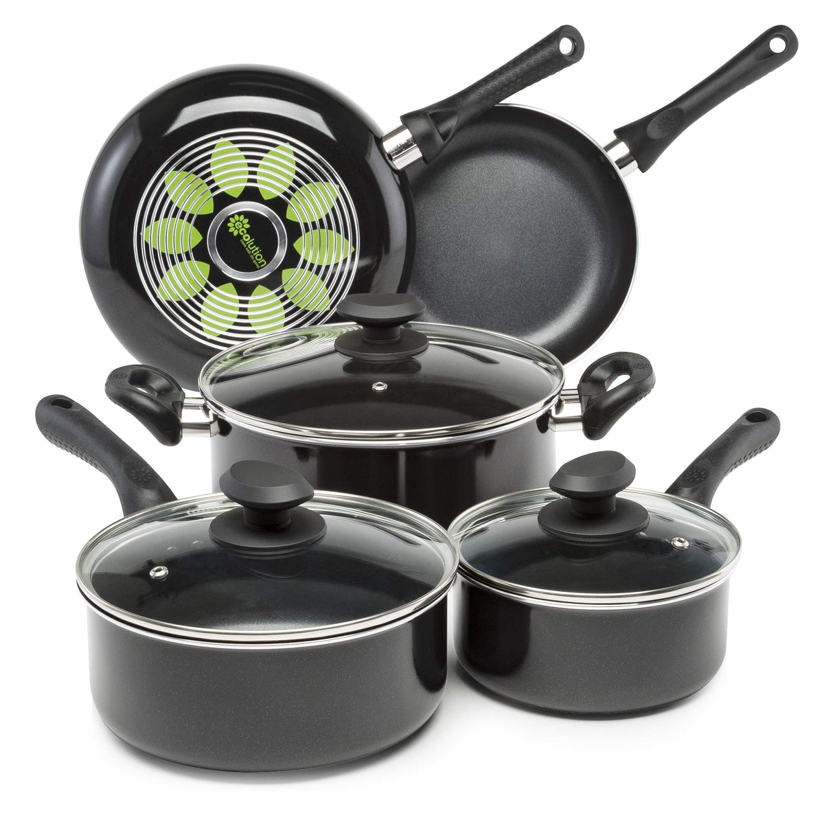 Ecolution Easy to Clean, Comfortable Handle, Even Heating, Dishwasher Safe Pots and Pans, 8-Piece Cookware Set, Black