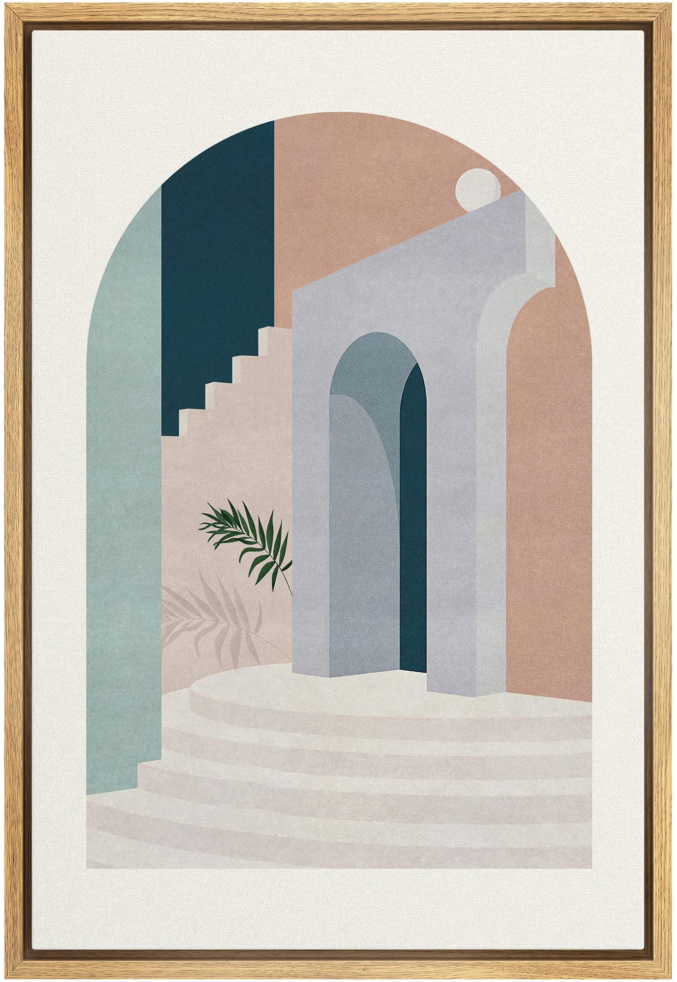 Nwt Framed Canvas Print Wall Art Arch View Terrace Exterior & Palm Leaf Geometric Shapes Illustrations Modern Art Mid-Century Mo