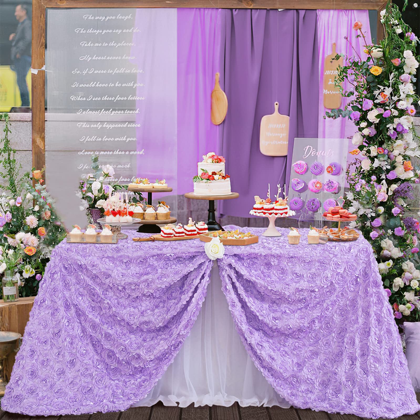 Fanqisi 50X102 Inches Rosette Satin Tablecloth Lavender Rosette Tablecloth 3D Rosette Table Line Rectangle Table Cover Wedding P