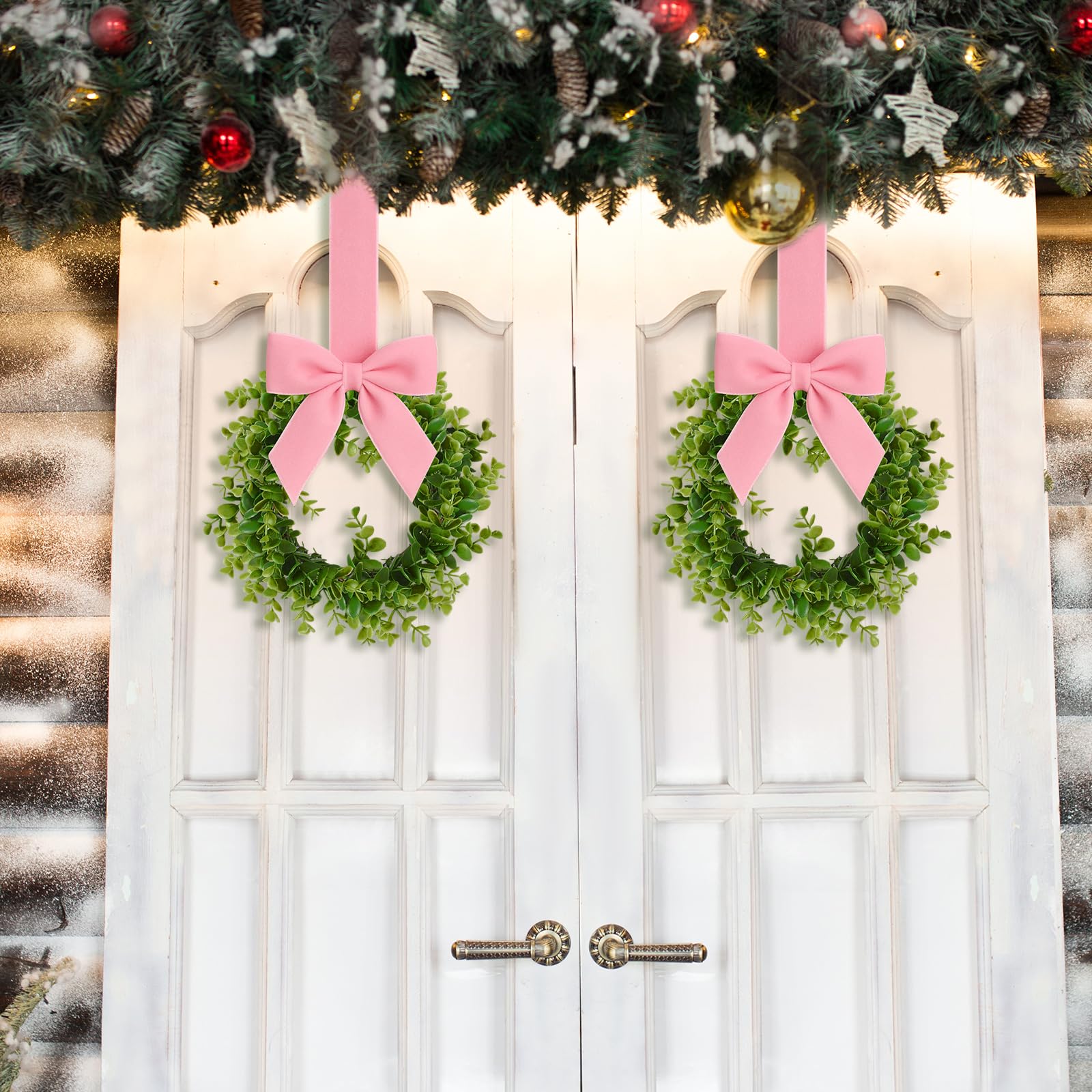 WILLBOND 2 Pcs Christmas Kitchen Cabinet Wreath Boxwood Garland with Ribbon Greenery Garland Hanging Wreaths for Cabinet Wall Wi