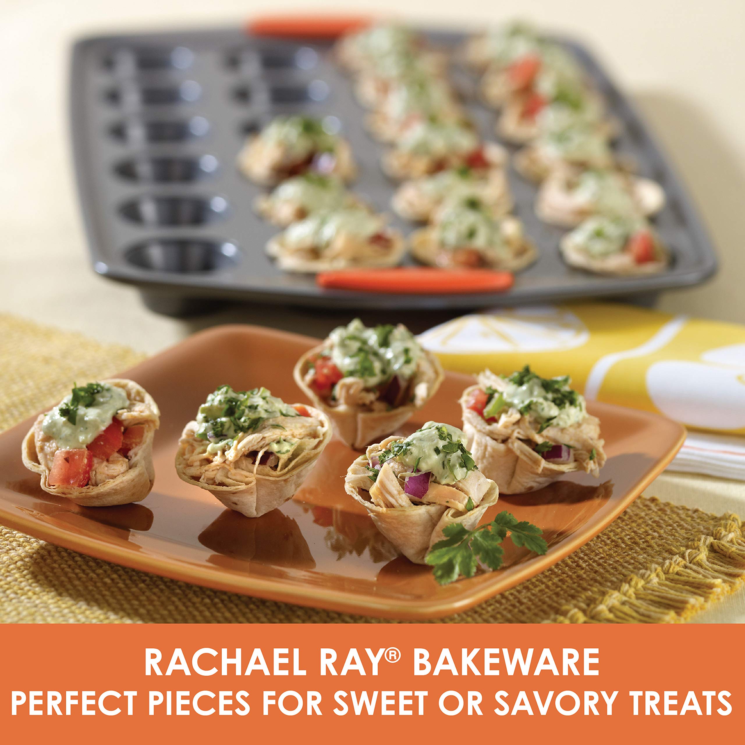 Rachael Ray Yum-O! Nonstick Bakeware 24-Cup Oven Lovin Mini Muffin Pan, Gray With Orange Handles