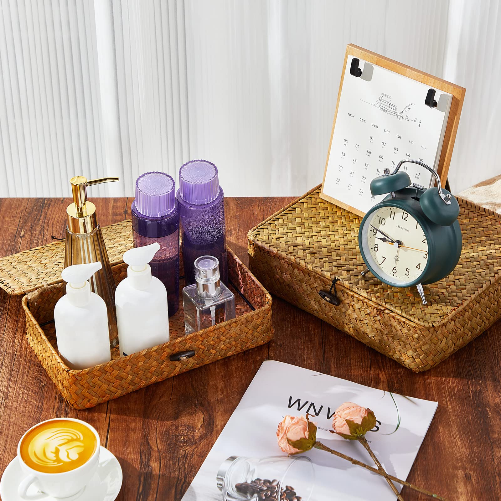 Didaey Set Of 4 Seagrass Basket With Lid Wicker Storage Basket Decorative Storage Boxes With Lids Flat Storage Bins Woven Organi