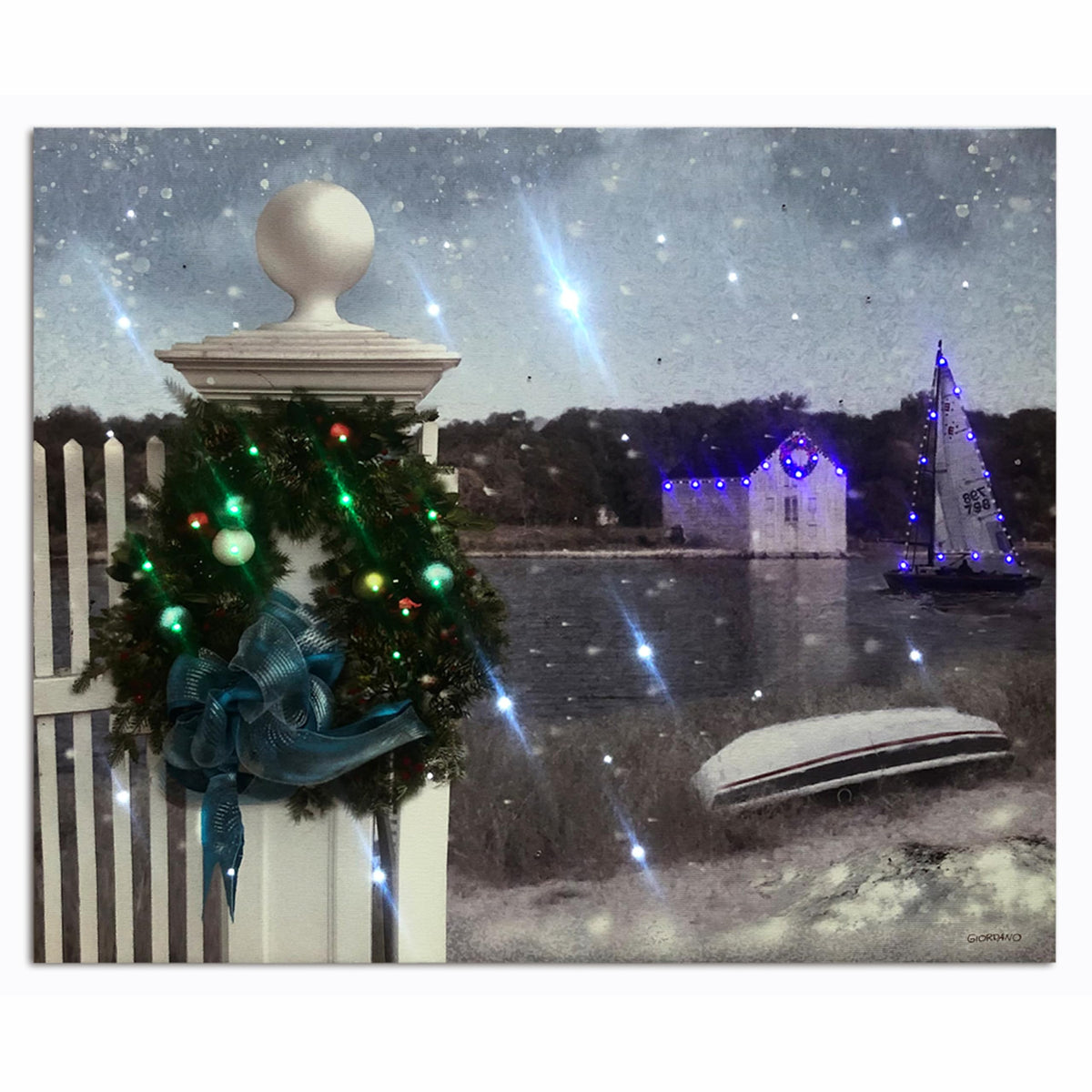 Sea Side Christmas Led Lighted Pictures Wall Canvas Print With Timer, Light Up Winter Scene Poster Paintings With Fiber Optic Li