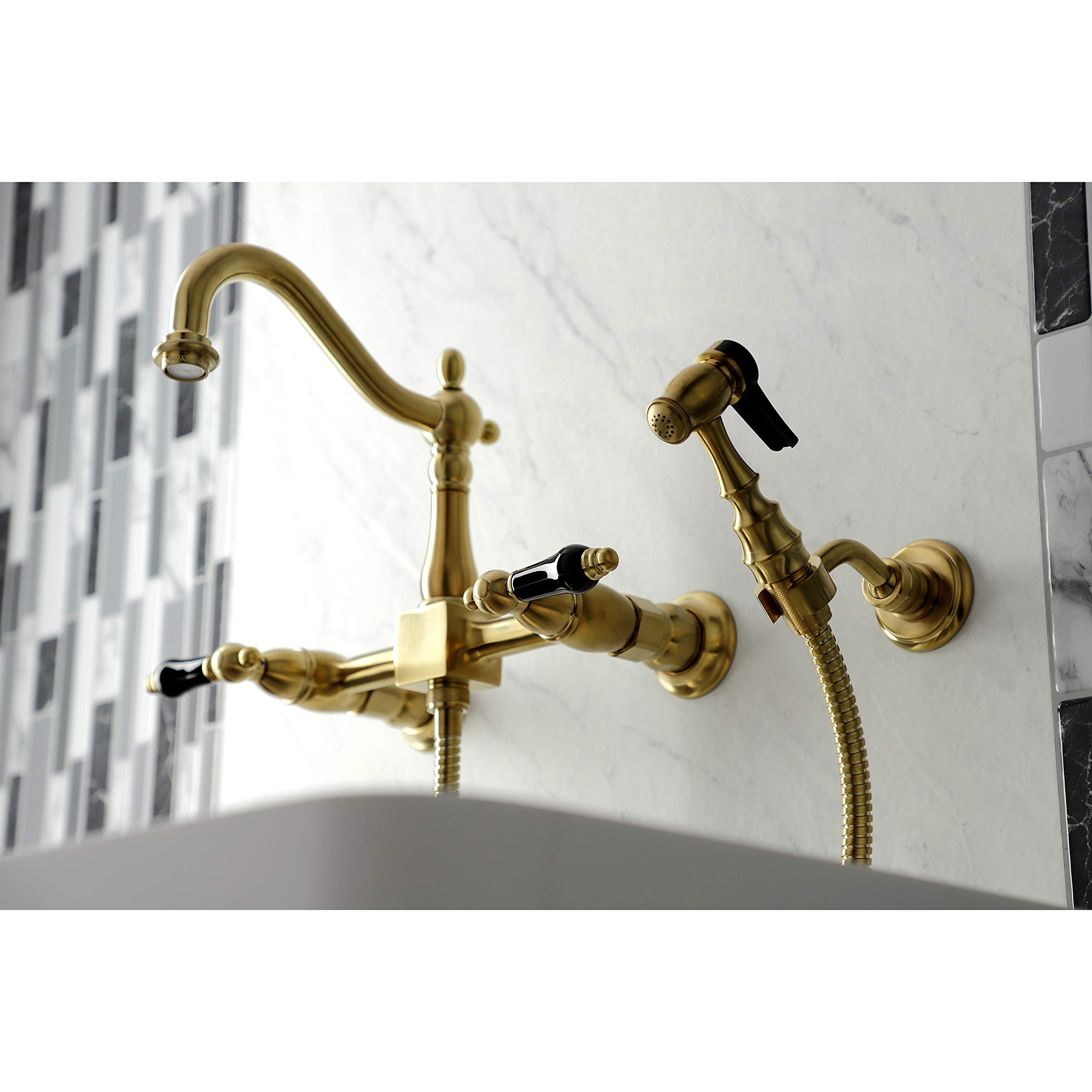 Kingston Brass KS1267PKLBS Duchess Wall Mount Bridge Kitchen Faucet with Brass Sprayer  Brushed Brass