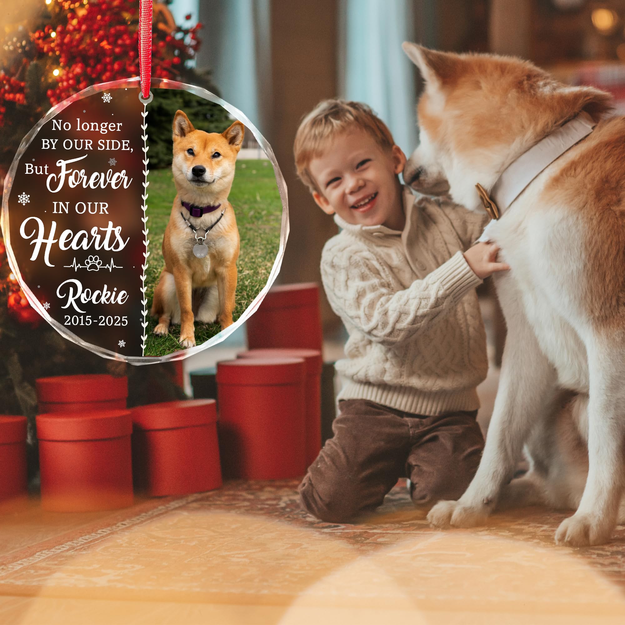 Custom Dog Photo Memorial Christmas Ornaments 2025 - Dog Loss, Pet Sympathy, Remembrance Keepsake - No Longer by Our Side Glass