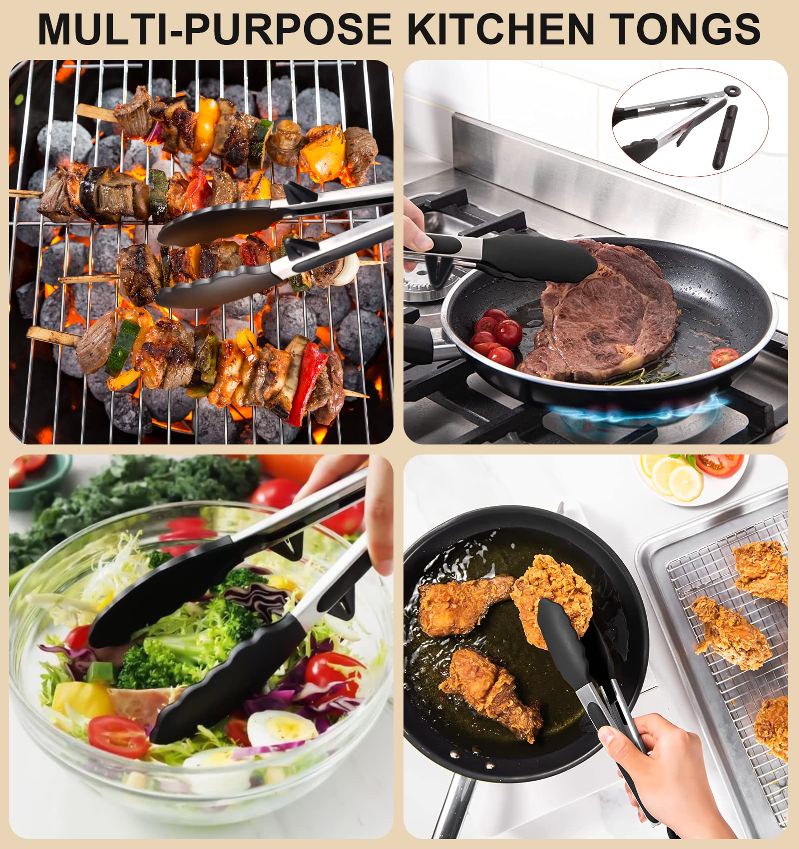 4Pcs Flexible Silicone Spatula Turner Set And Kitchen Food Tongs With Silicone Tips, 600F Heat Resistant, Ideal For Flipping Egg