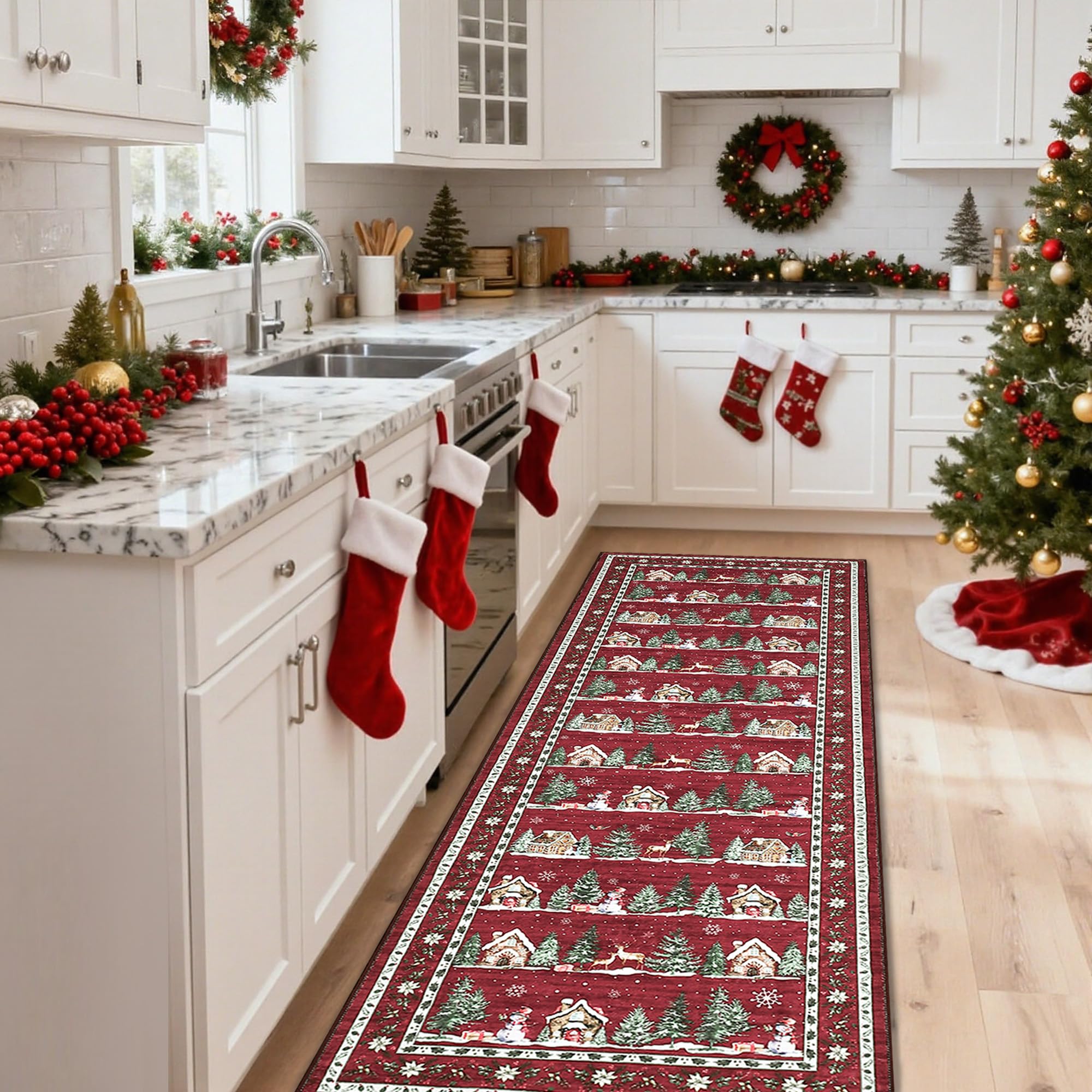 GarveeHome Christmas 2x8 Kitchen Rug Runner Machine Washable Low Pile Non Slip Backing Stain Resistant Christmas Tree Animals Pr