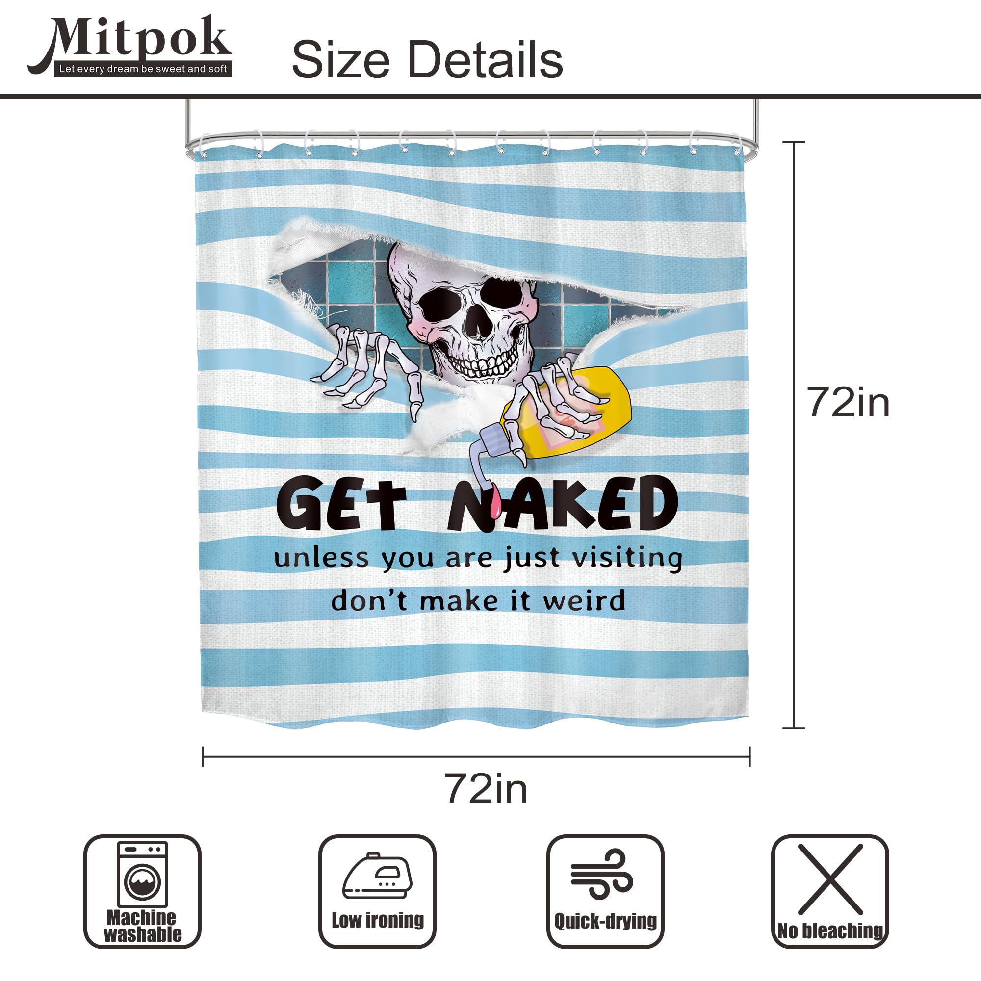 Mitpok Funny Skull Skeleton Shower Curtain Gothic Cool Get Naked Spooky Fun Bone Unique Hilarious Blue Scary Horror Men Kids 60W