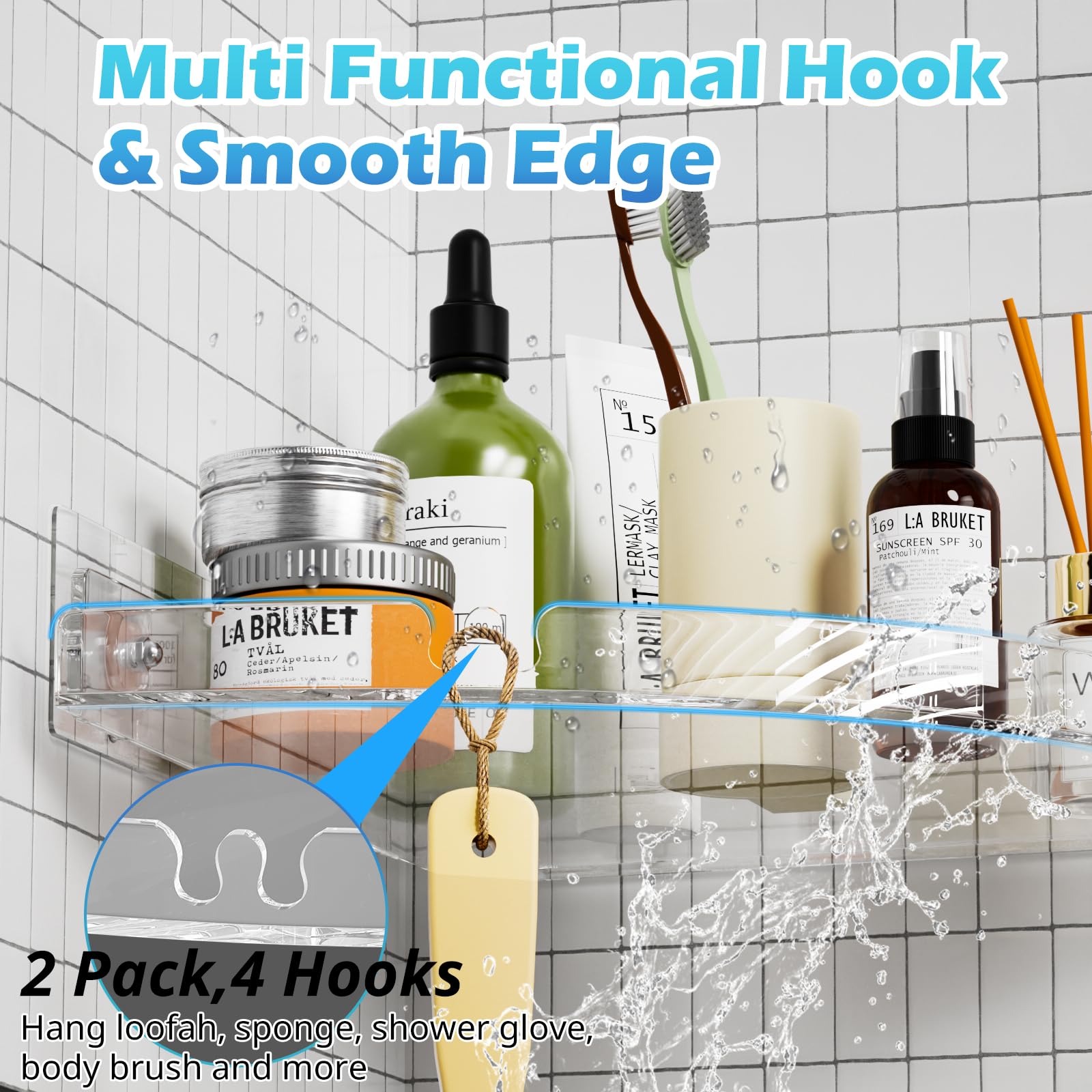 Durmmur 2 Pack Acrylic Corner Shower Caddy, Clear Corner Shower Shelf With 4 Hooks, Adhesive Wall Mounted Bathroom Shower Shelf