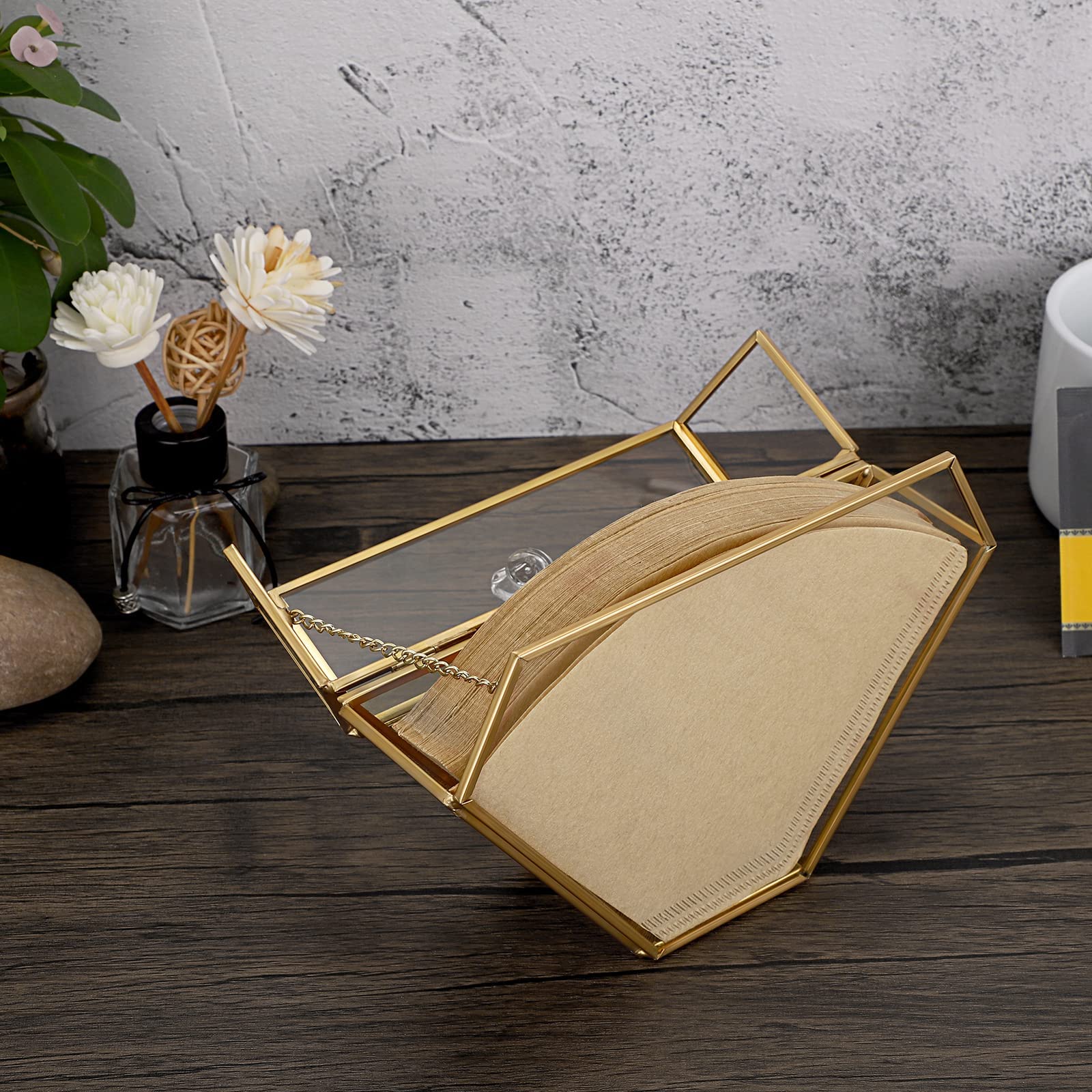 Elldoo Gold Glass Coffee Filter Holder Coffee Paper Storage Container Filter Paper Dispenser Rack With Dustproof Cover