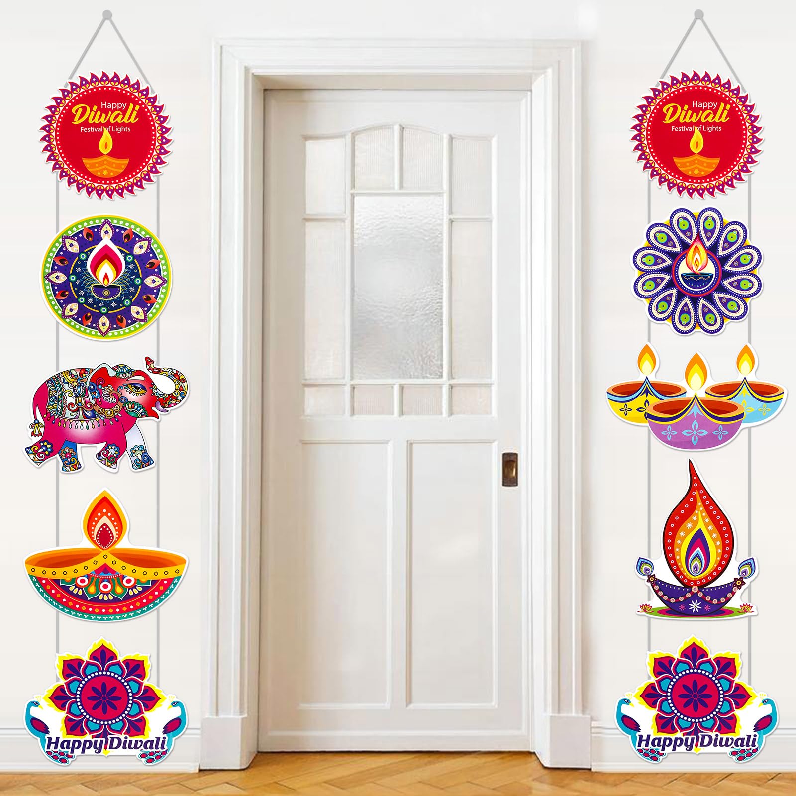 Hotop 2 Pcs Happy Diwali Porch Signs 78 x 11.4 Inch Deepavali Themed Hanging Banners Diwali Decorations for Home Festival of Lig