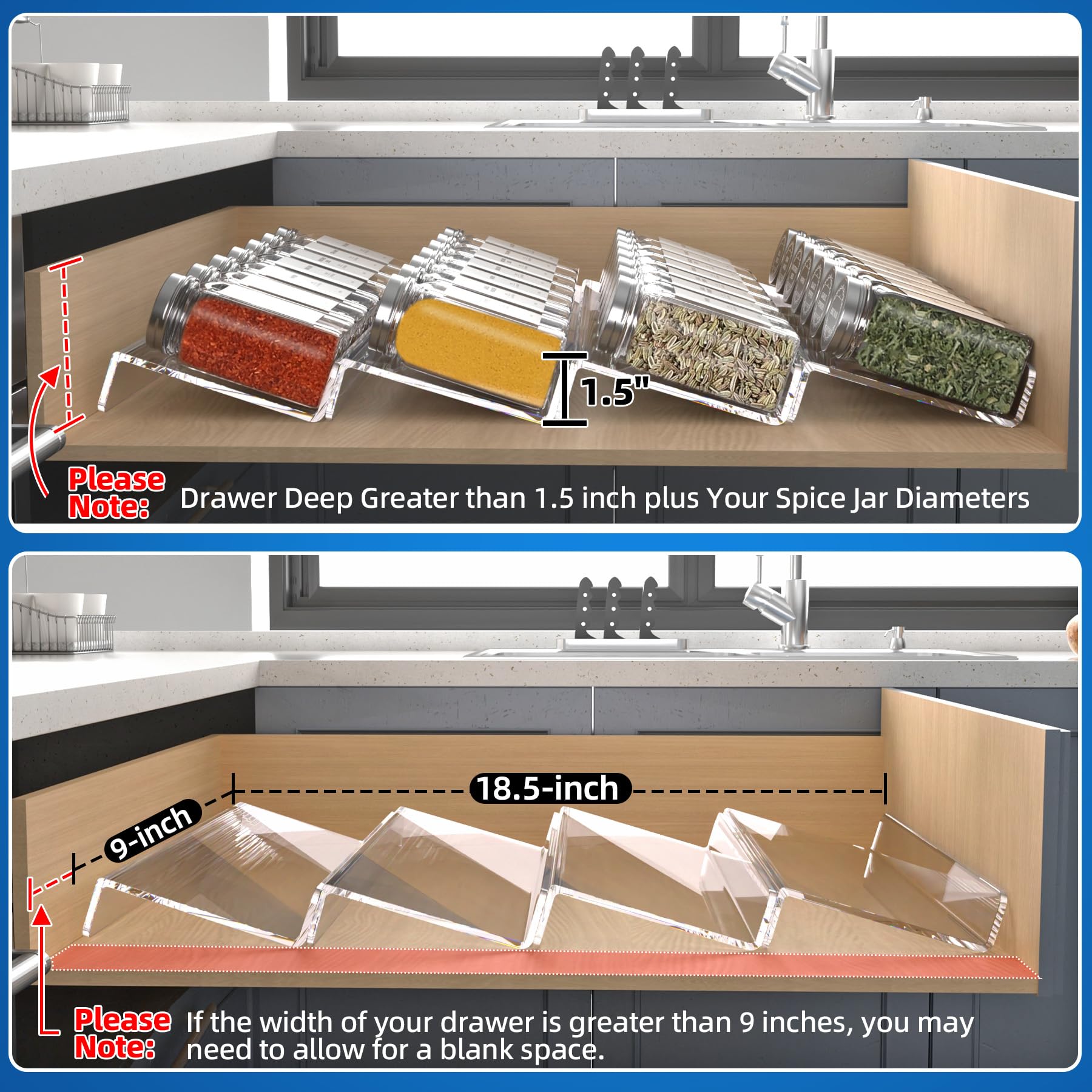 Clear Acrylic Spice Drawer Organizer, 4 Tier- 1 Set Seasoning Jars Drawers Insert, Kitchen Spice Rack Tray for Drawer/Countertop