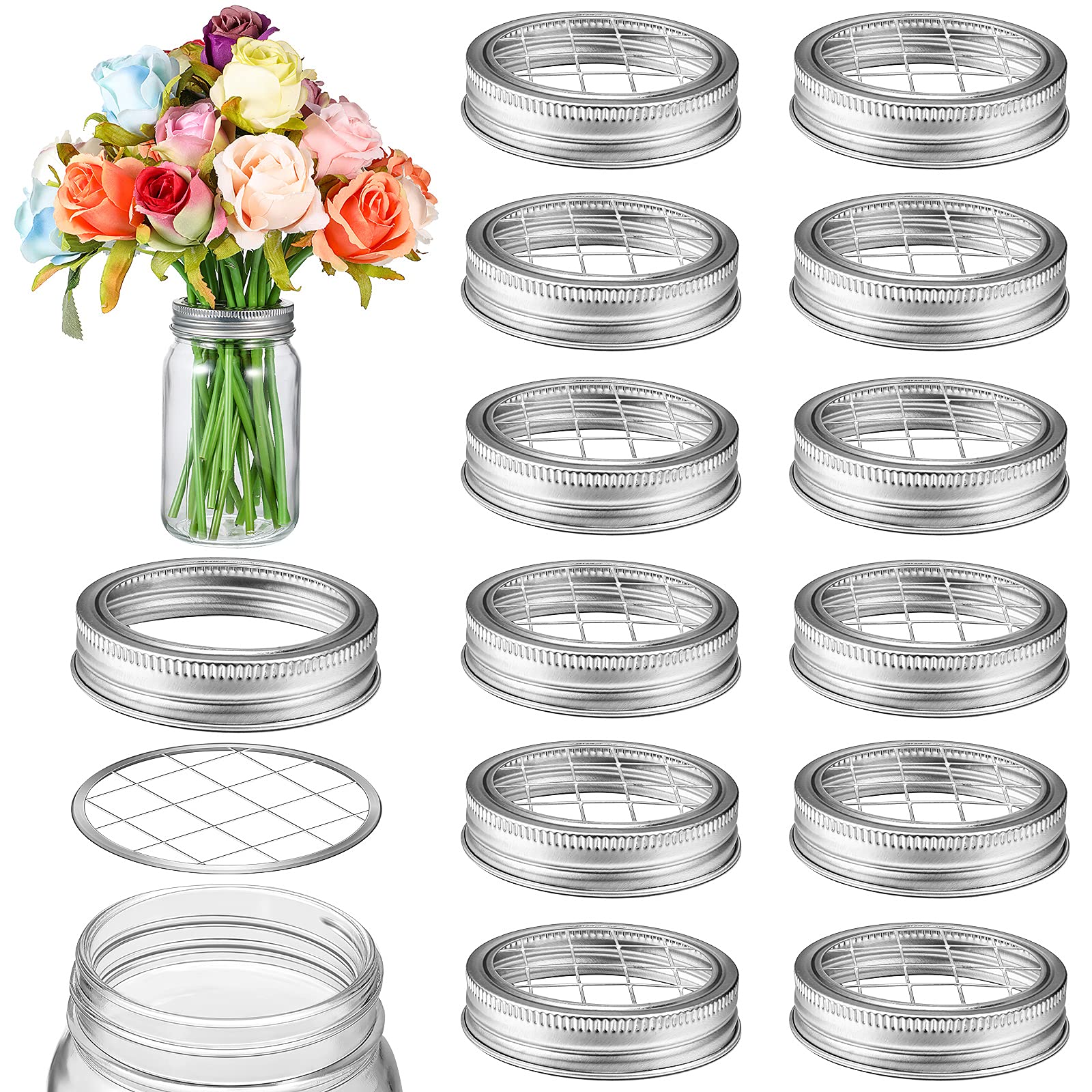 Geiserailie Mason Flower Jar Holder Lid Metal Flower Lid Insert Mason Grid Flower Organizer Lid Insert For Regular Mouth Mason C